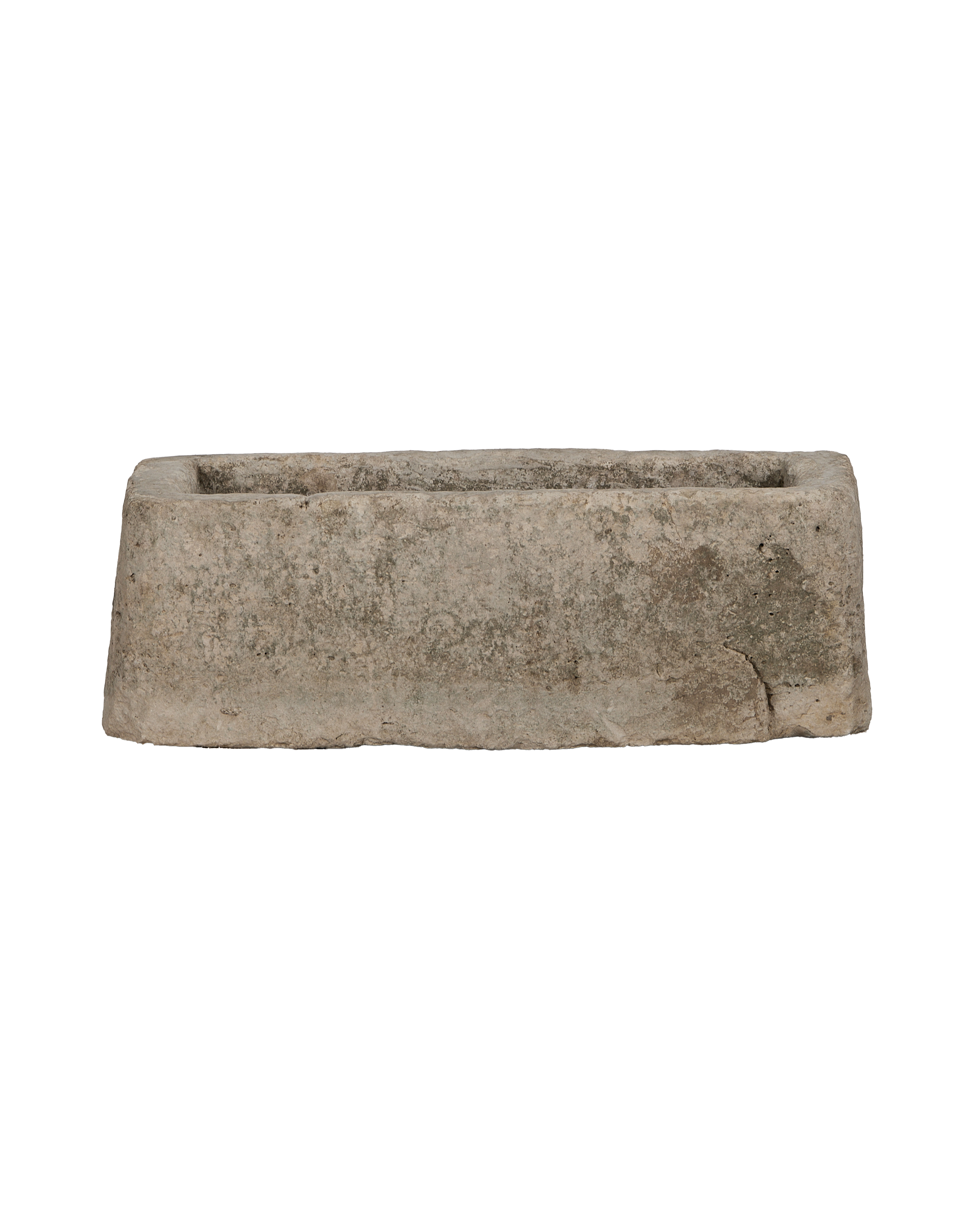 Vintage Indonesian limestone trough, rectangular, with textured surface and weathered crack shown from the side.