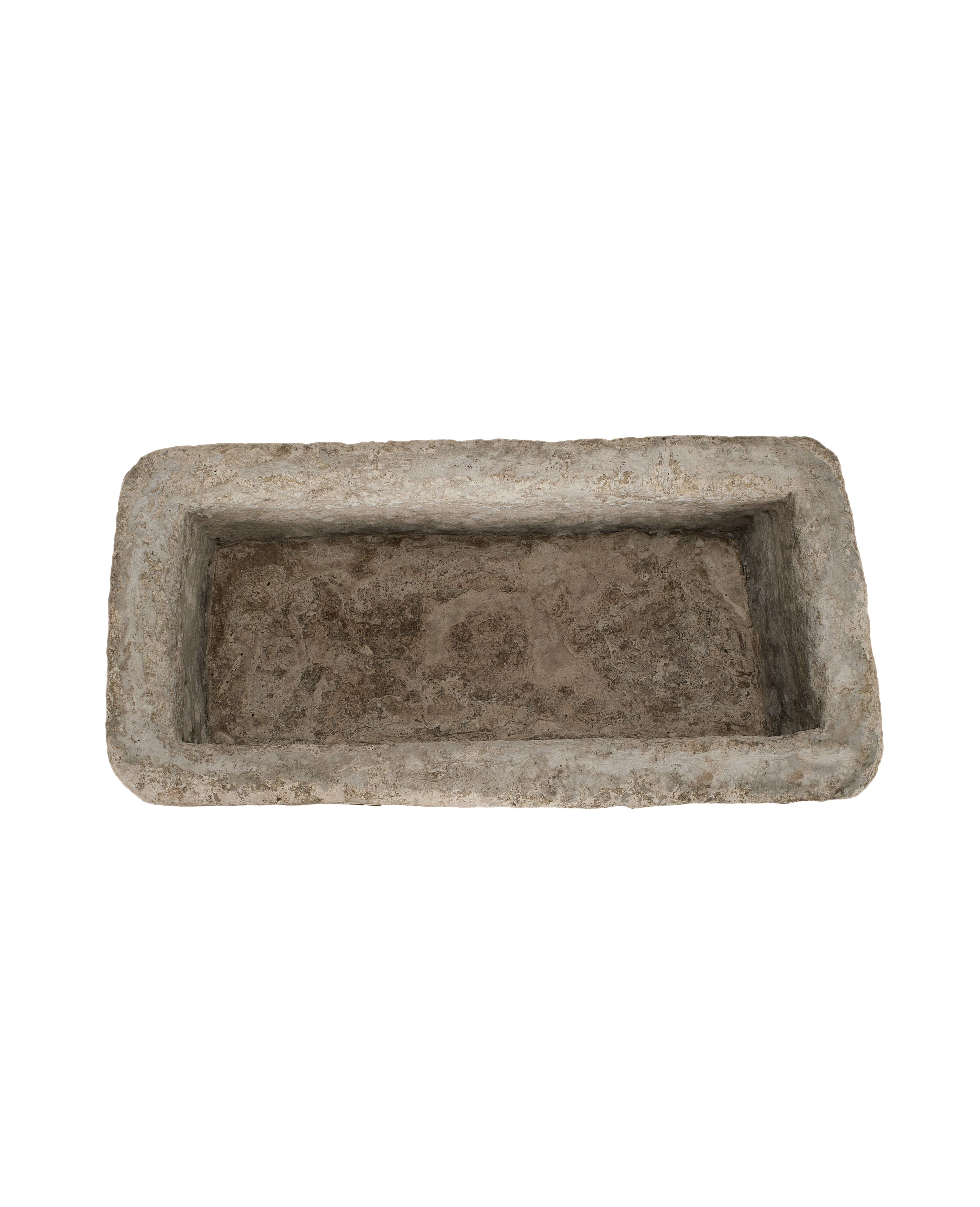 Vintage Indonesian limestone rectangular trough, weathered patina surface, top-down internal view.