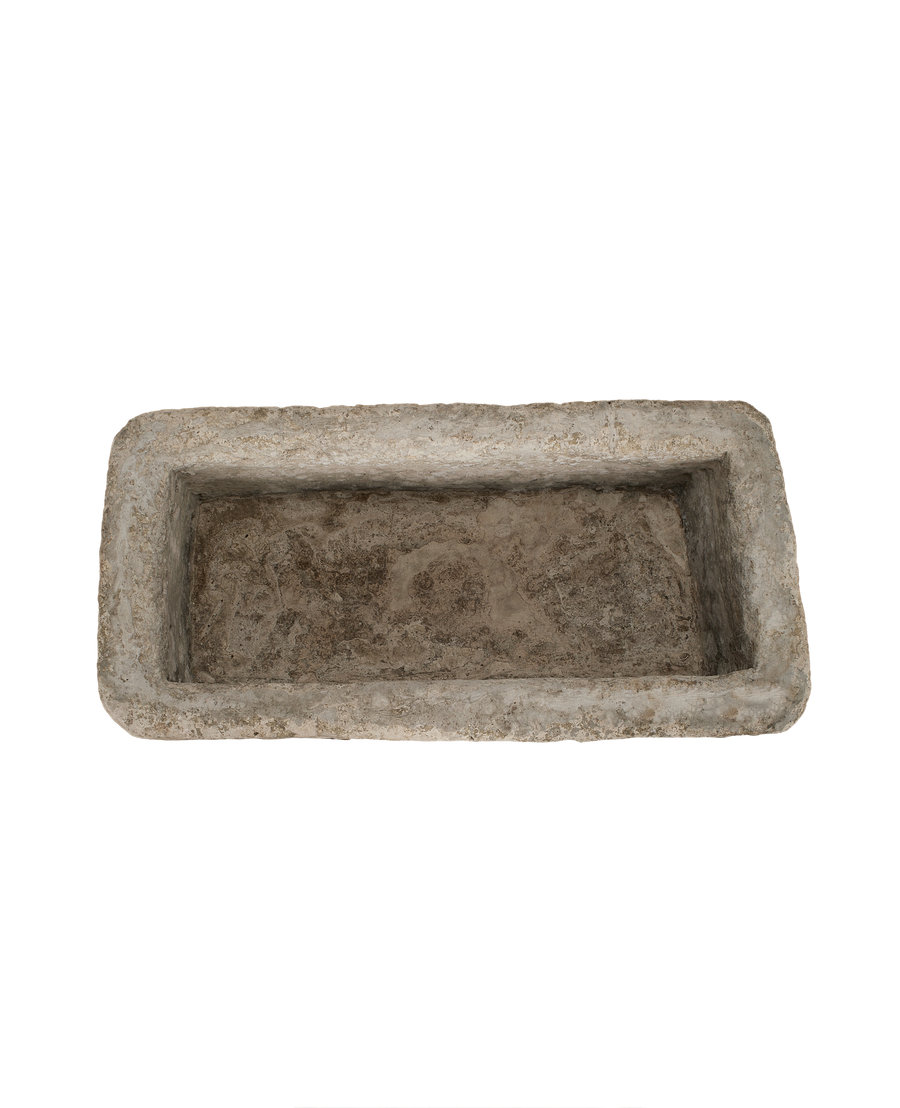 Vintage Indonesian limestone rectangular trough, weathered patina surface, top-down internal view.