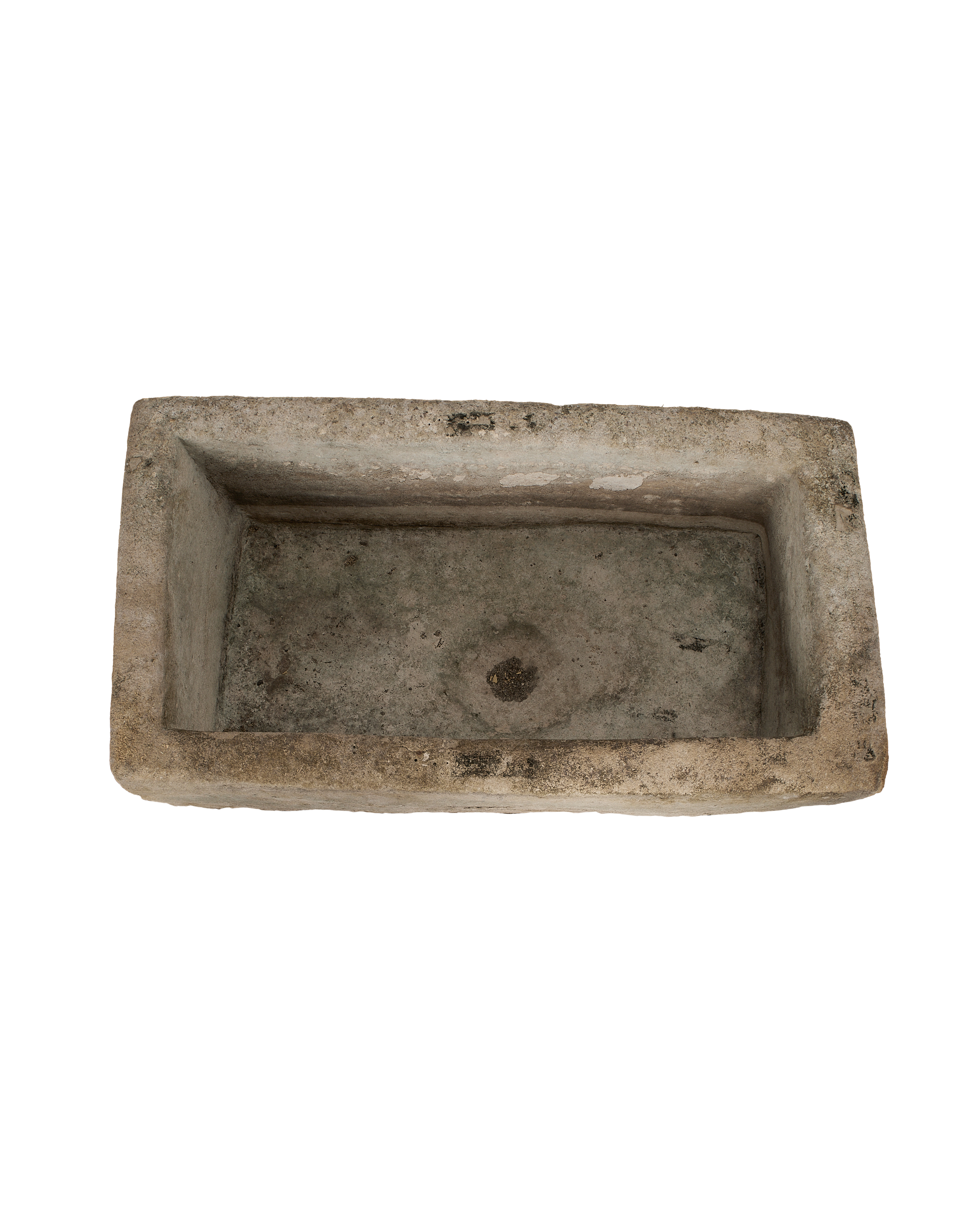 Vintage Limestone Trough, rectangular, showing textural weathered interior from an overhead view.