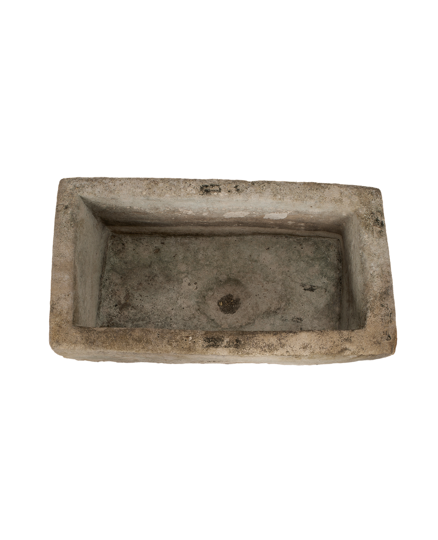 Vintage Limestone Trough, rectangular, showing textural weathered interior from an overhead view.