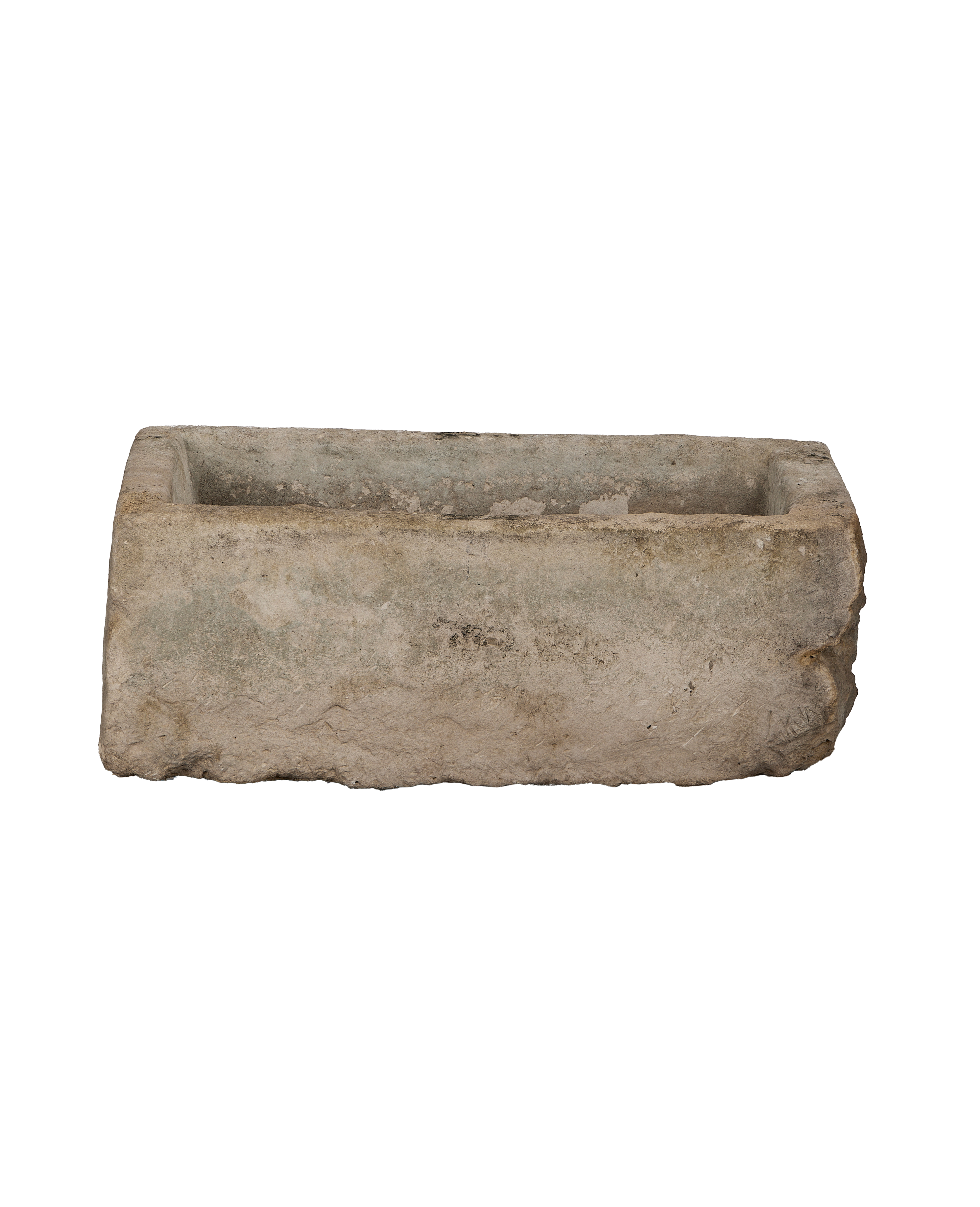 Vintage limestone rectangular trough from Indonesia, showing rough texture and antique patina.