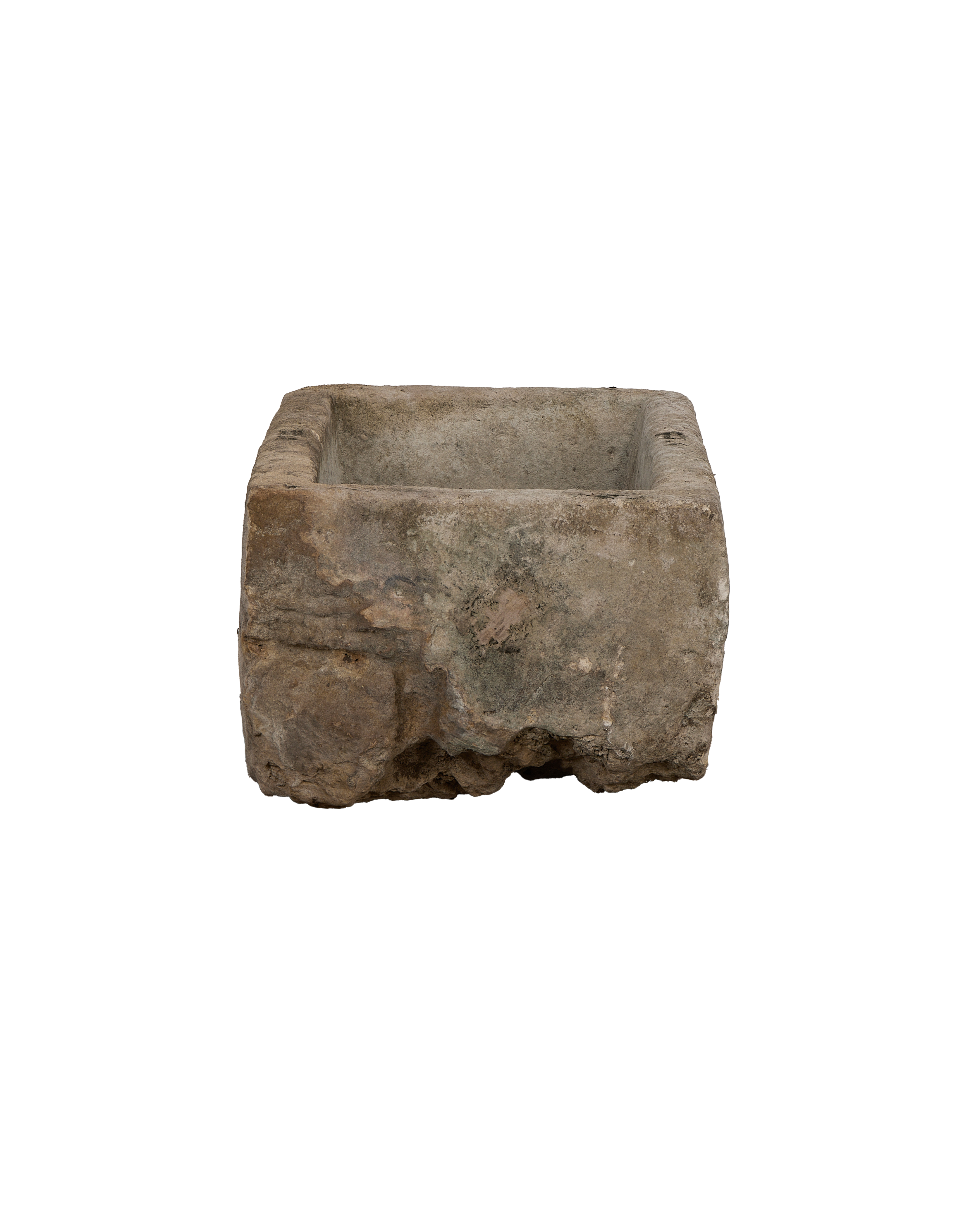 Vintage Indonesian rectangular limestone trough, side view revealing rustic texture and antique patina.