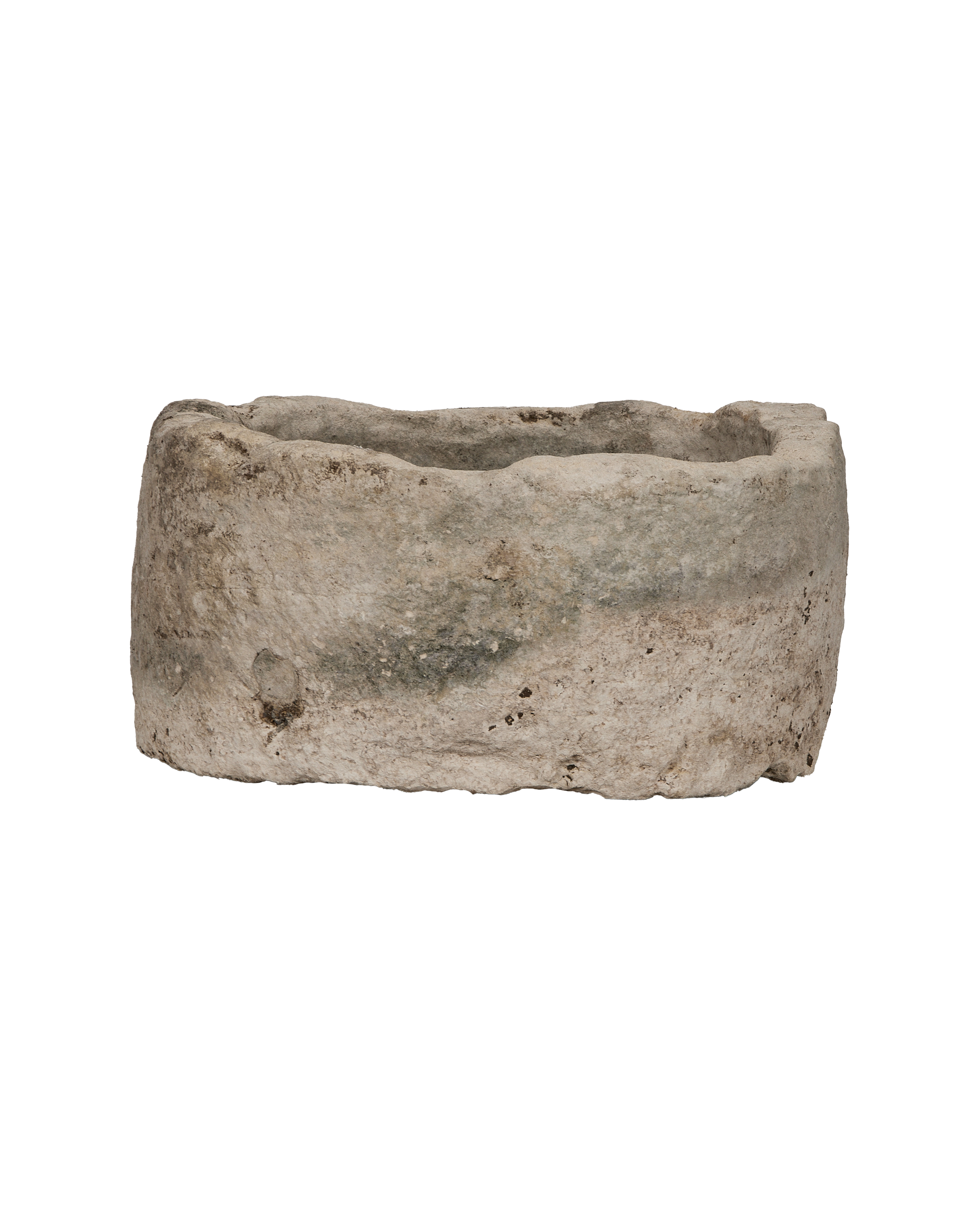 Vintage Indonesian limestone trough, oblong form, weathered light gray with natural dark markings.