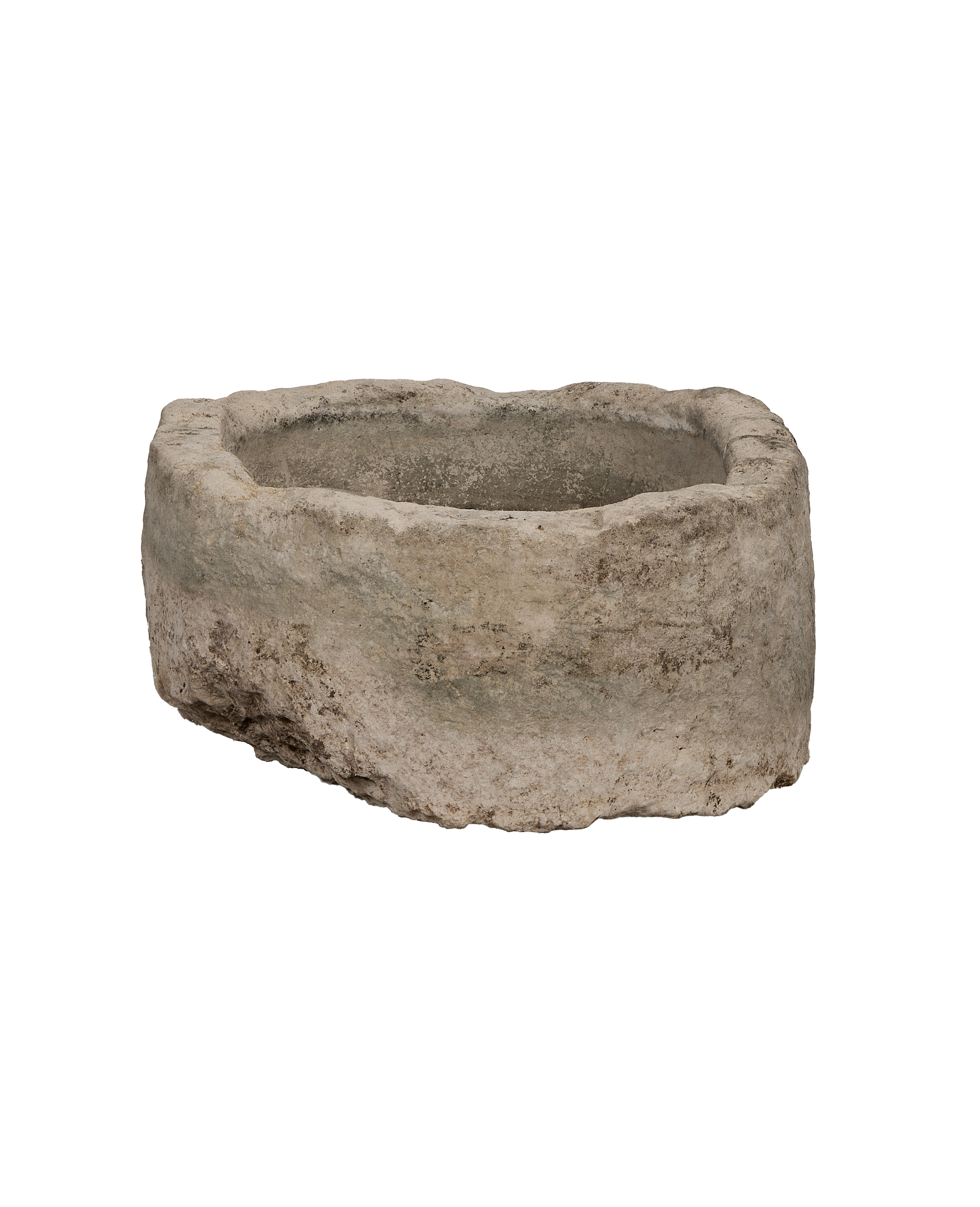 Vintage OAK limestone trough from Indonesia, weathered oblong planter, angled view.