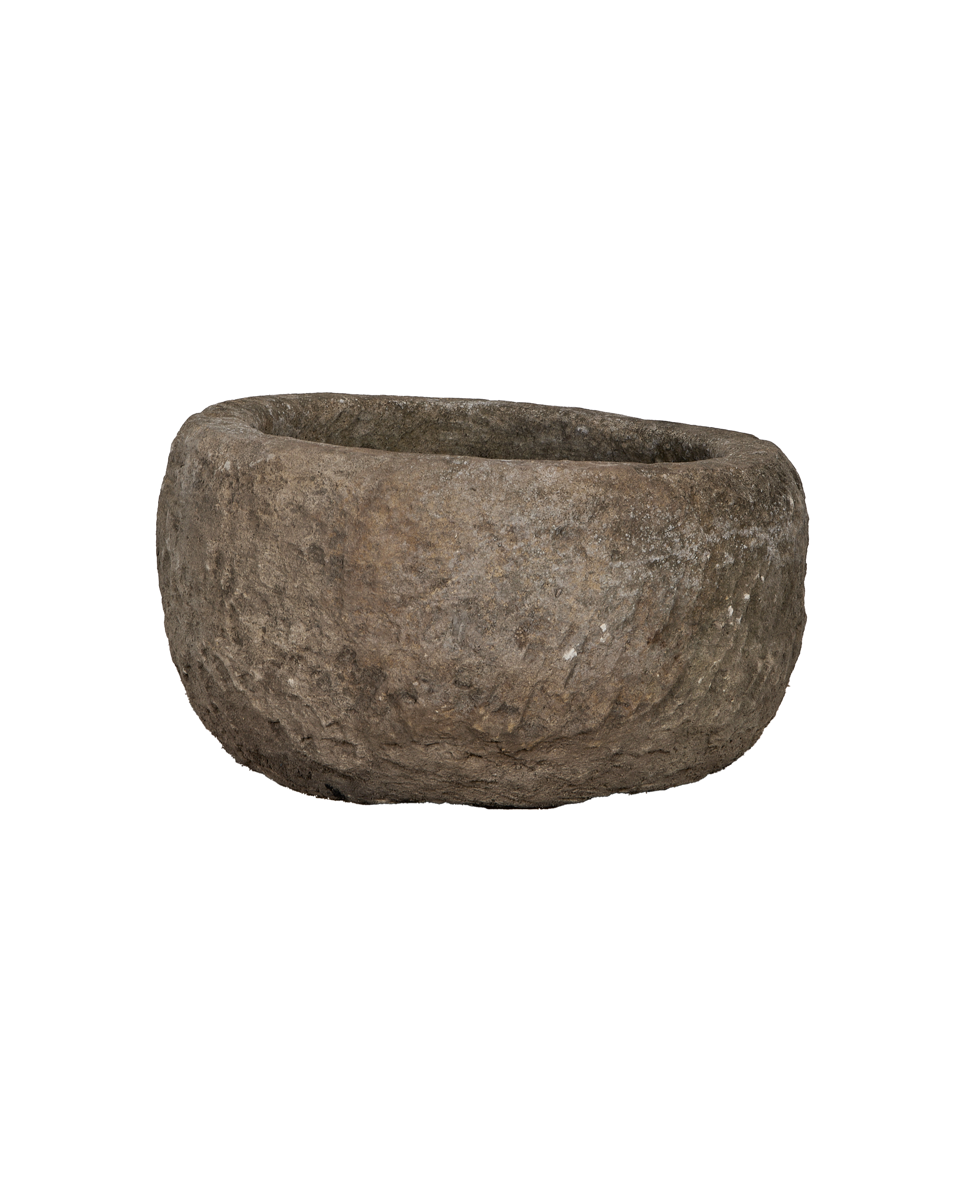 Vintage Indonesian limestone trough, round, showcasing rough textured surface and weathered patina.