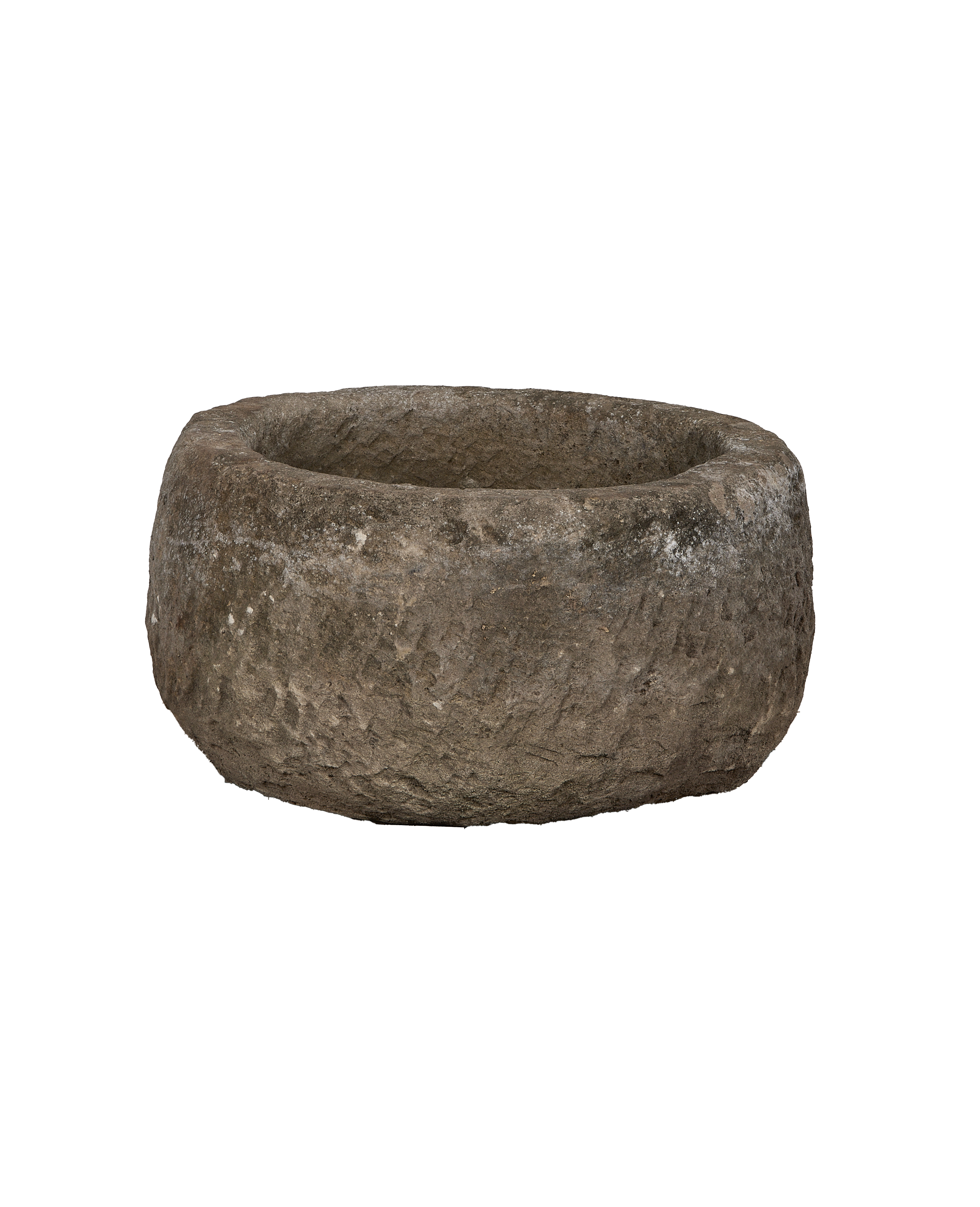 Vintage round limestone trough, Indonesia, weathered gray condition with rough texture.