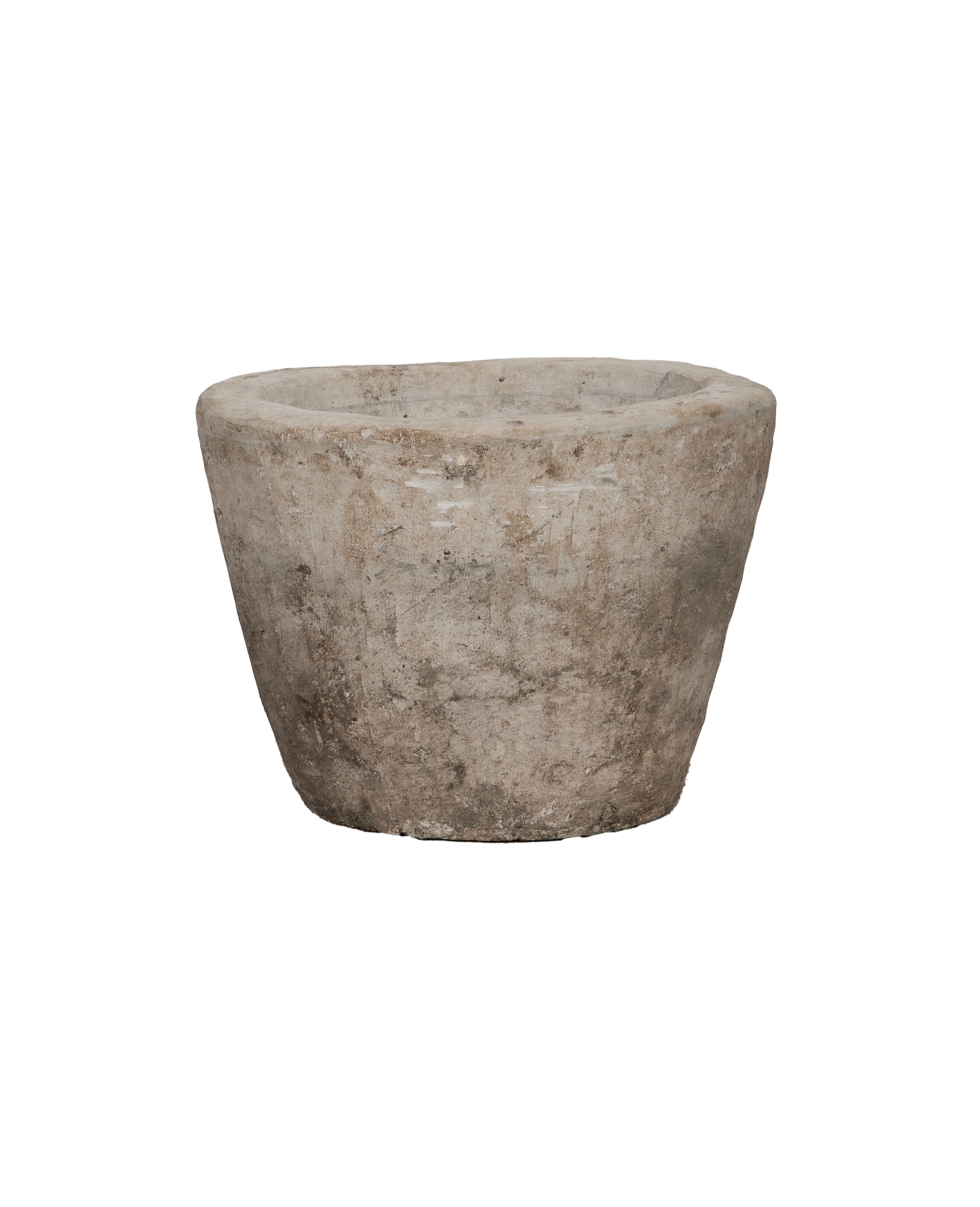 Vintage Indonesian round limestone trough with weathered natural patina, rustic planter.