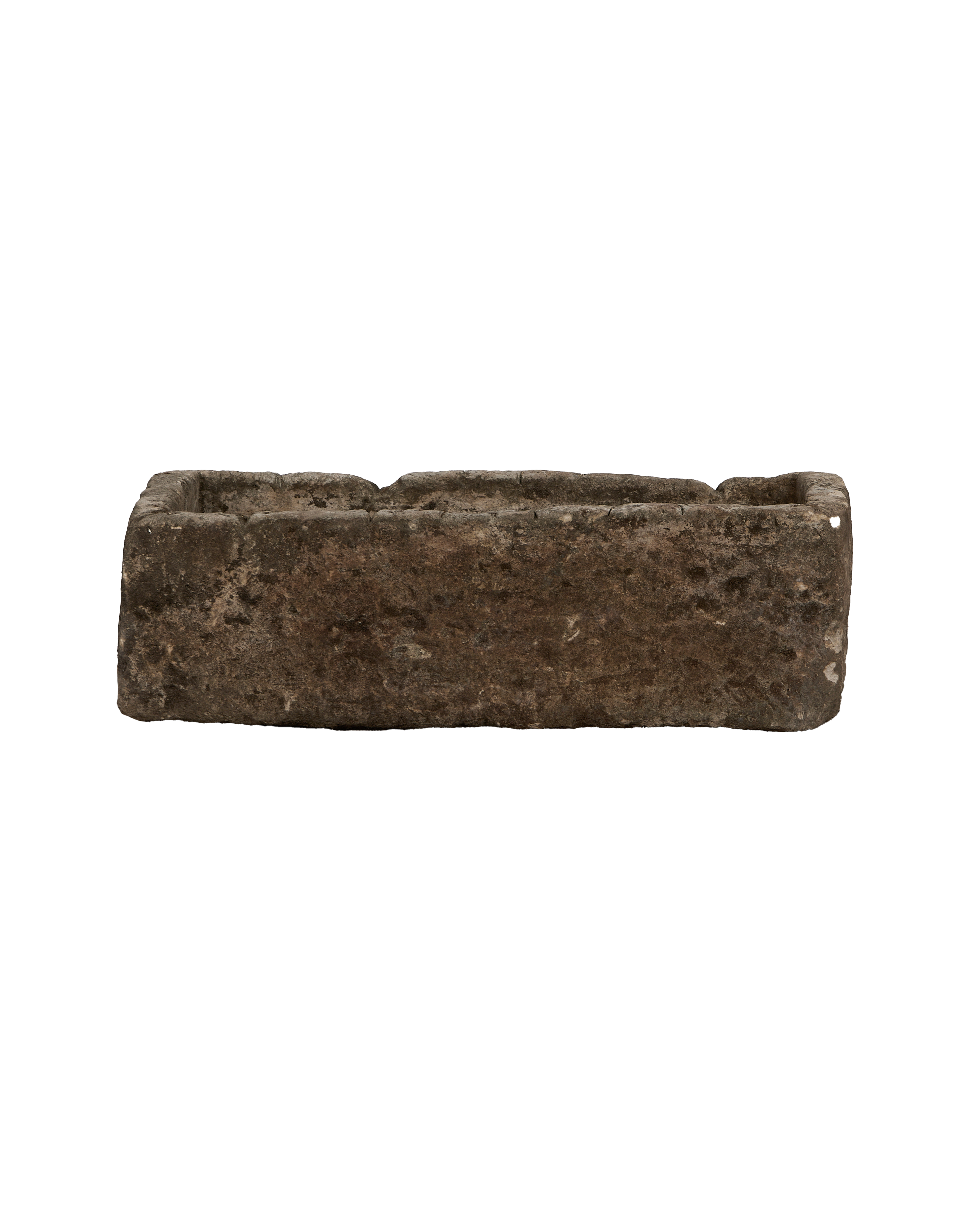 Vintage Indonesian rectangular limestone trough, richly textured, weathered brown stone, antique condition.