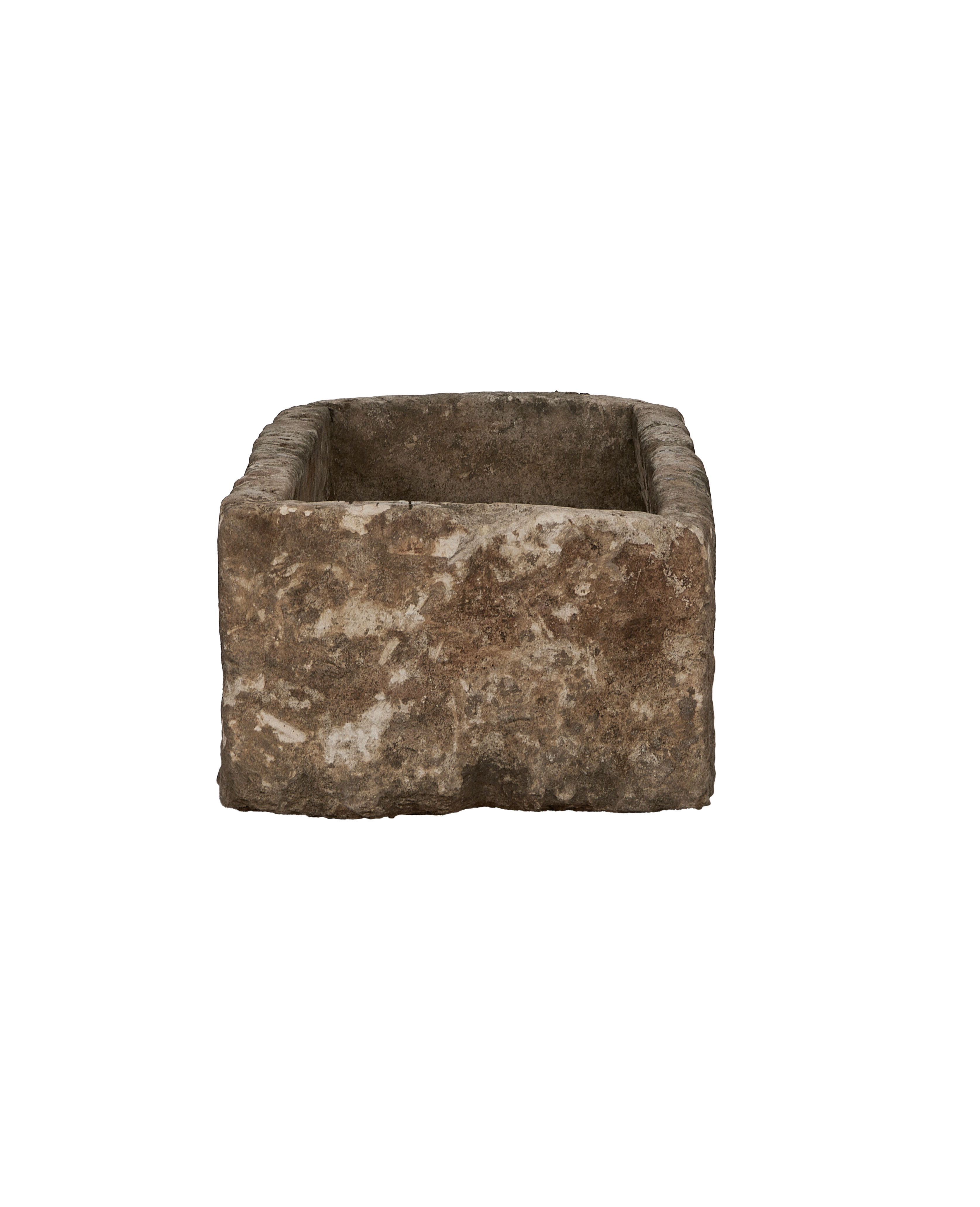Vintage Indonesian rectangular limestone trough, rustic condition, showing textured internal and external surfaces.