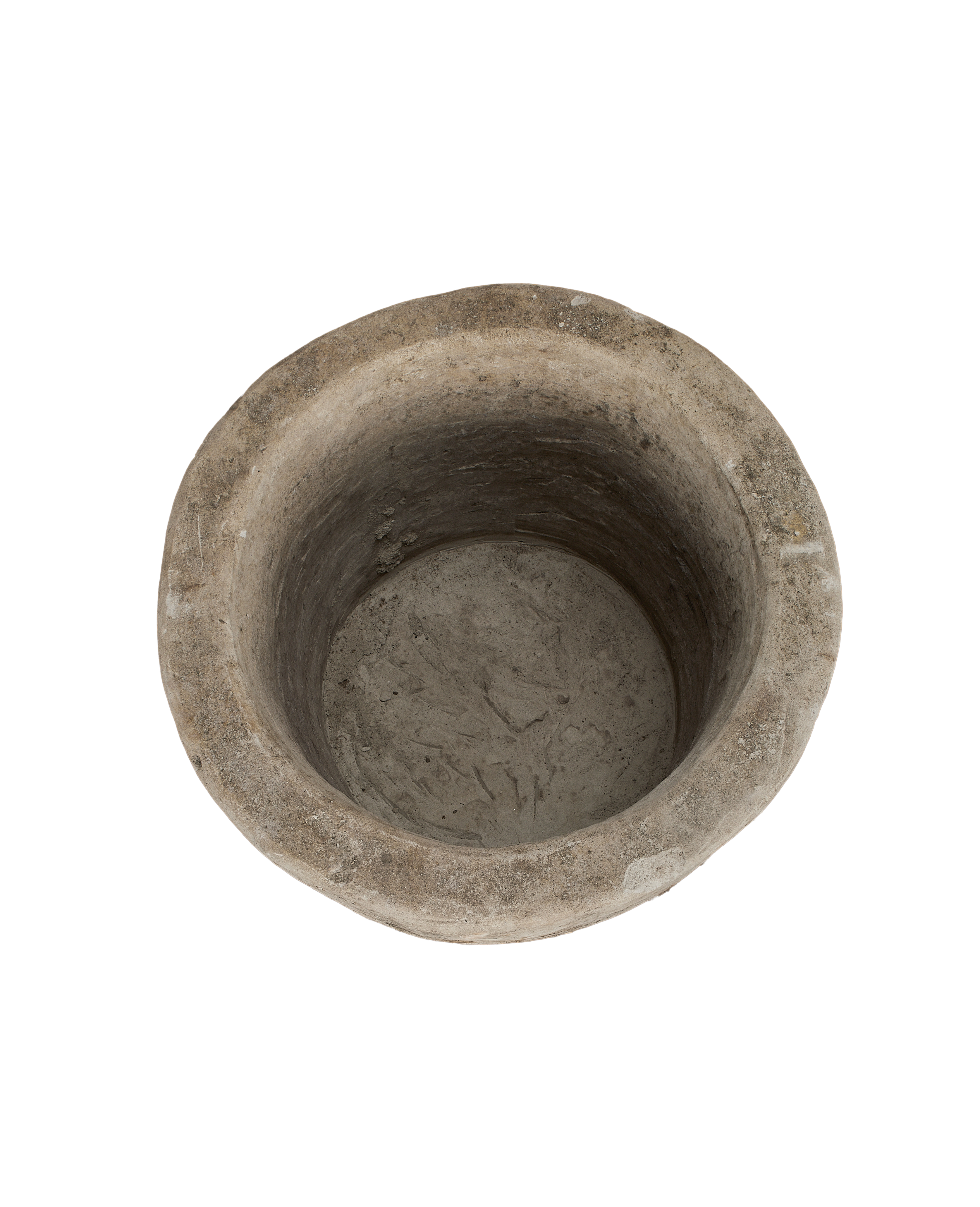 Top-down view of a vintage round limestone trough from Indonesia, showcasing interior depth.