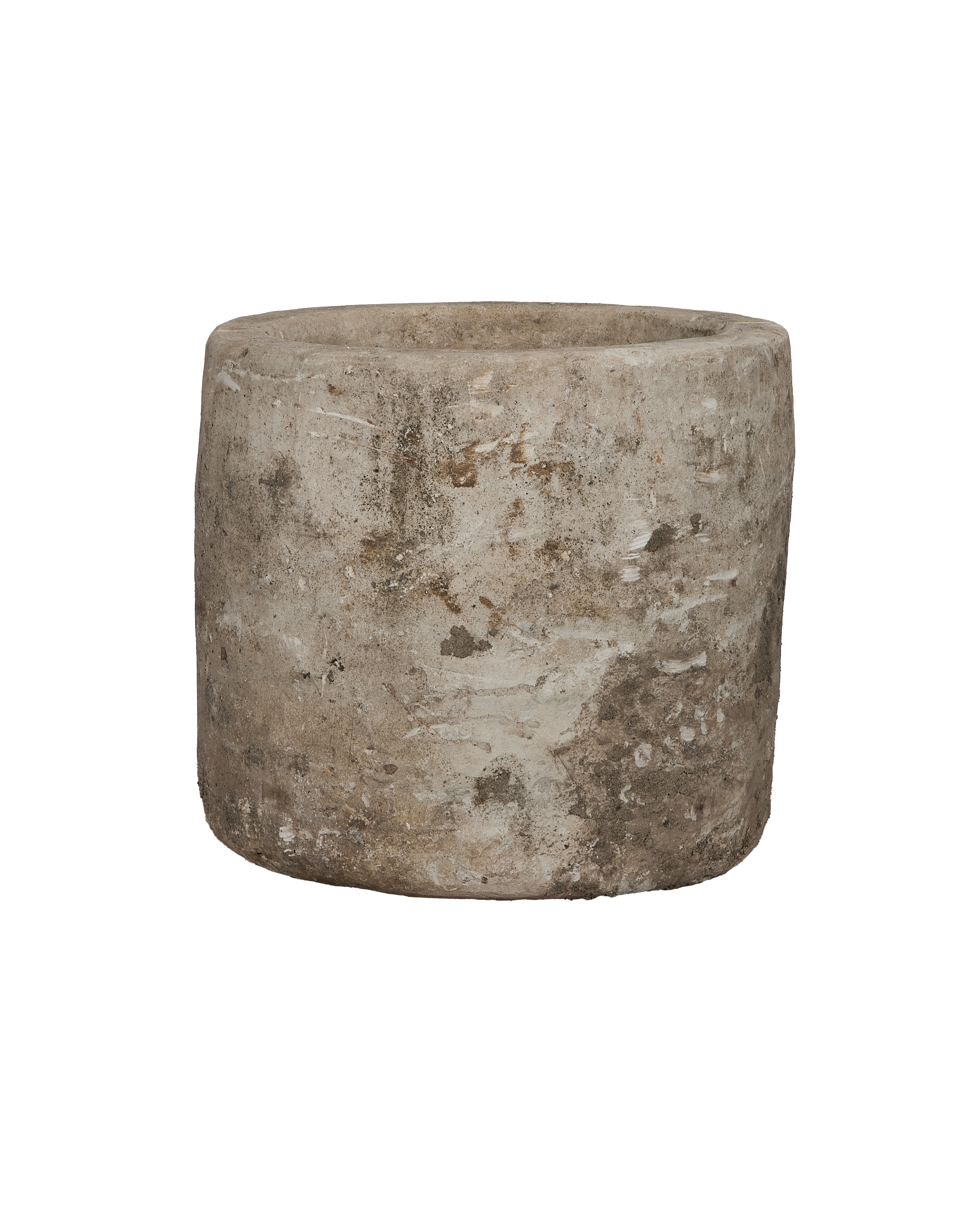 Vintage Indonesian round limestone trough with weathered natural patina, rustic texture.