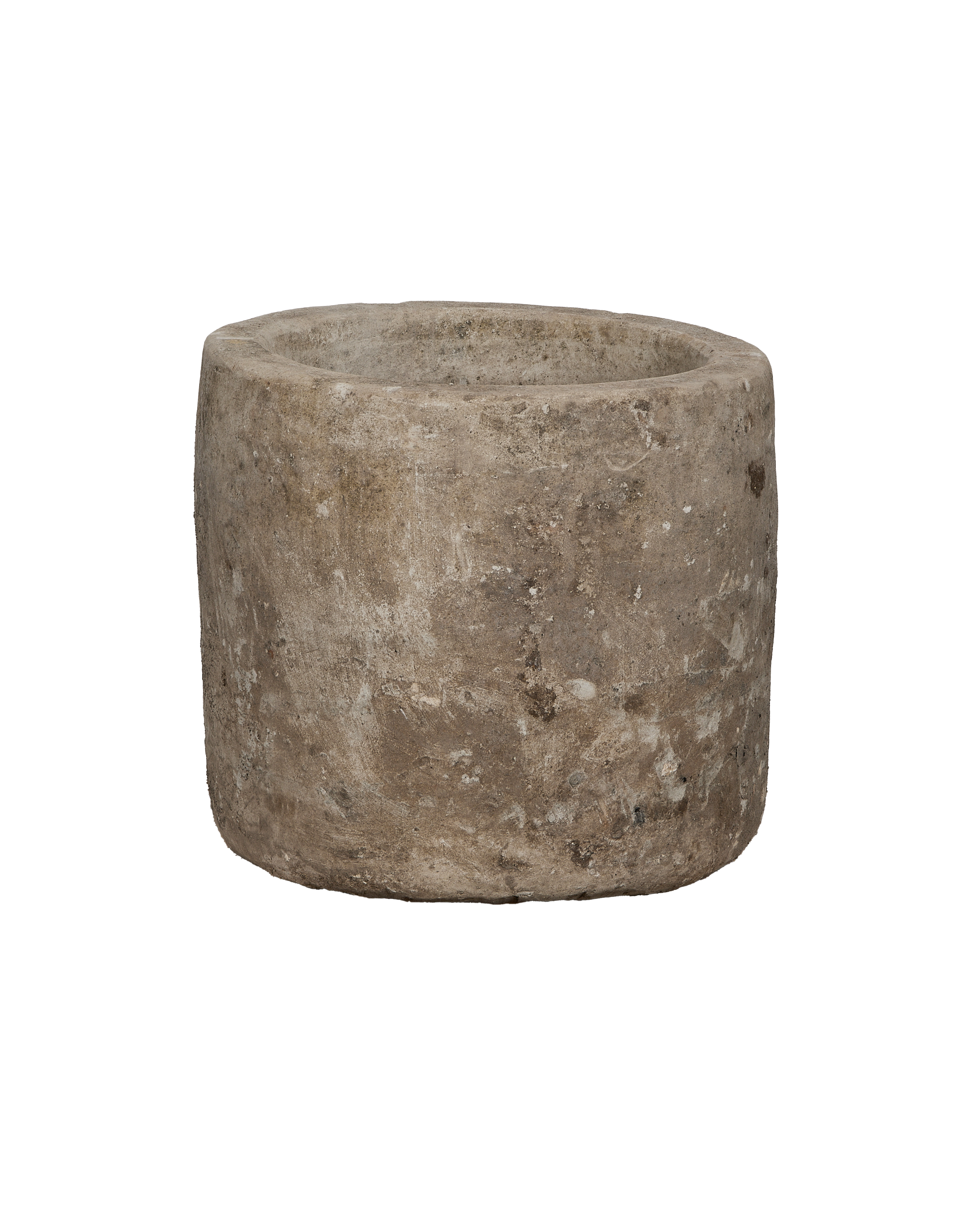 Vintage Indonesian round limestone trough, side profile, weathered texture with age-appropriate patina.