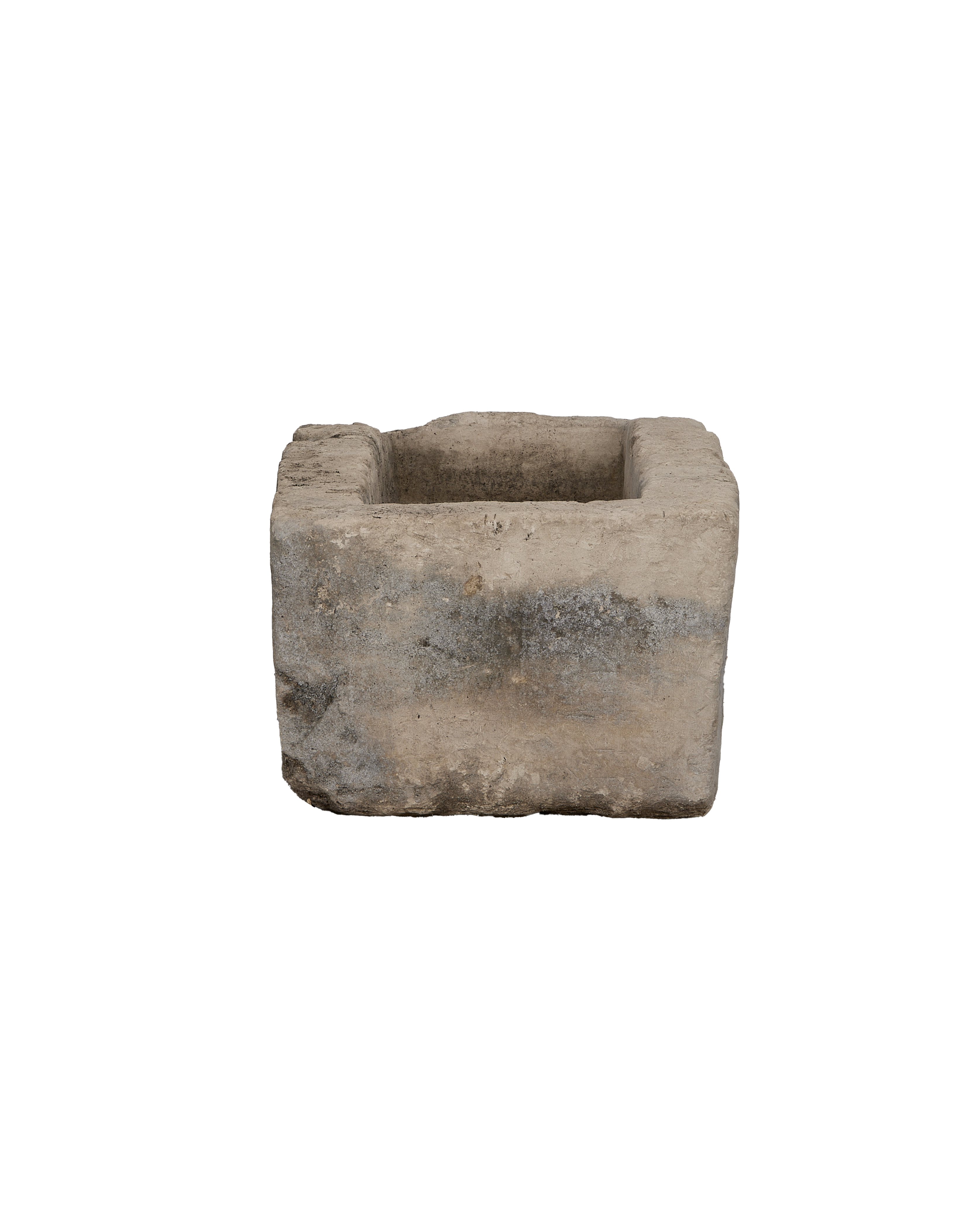 Vintage Indonesian limestone trough, top view highlighting rough texture and rectangle opening.