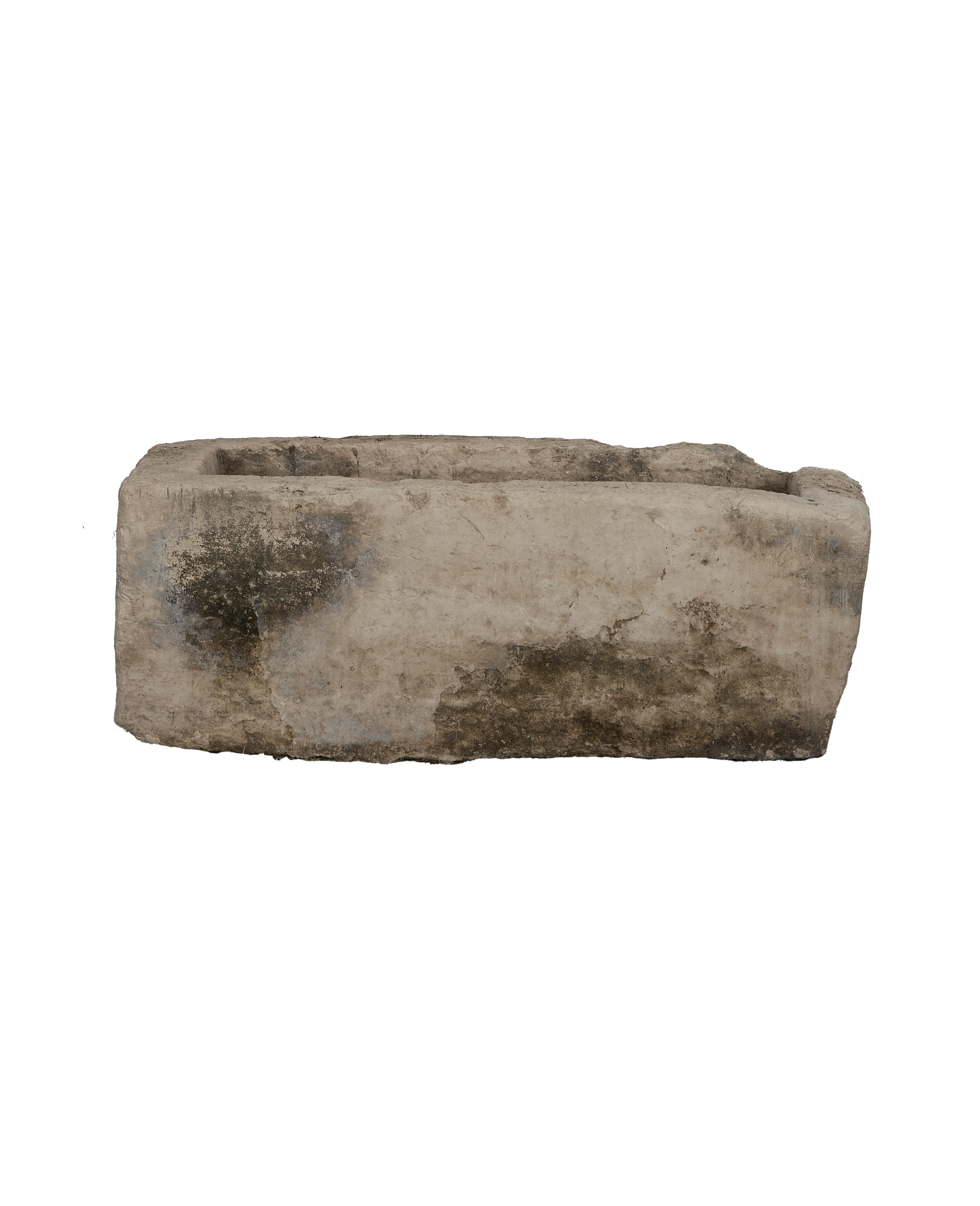 Vintage rectangular limestone trough, showing weathered texture and aged dark moss patina.
