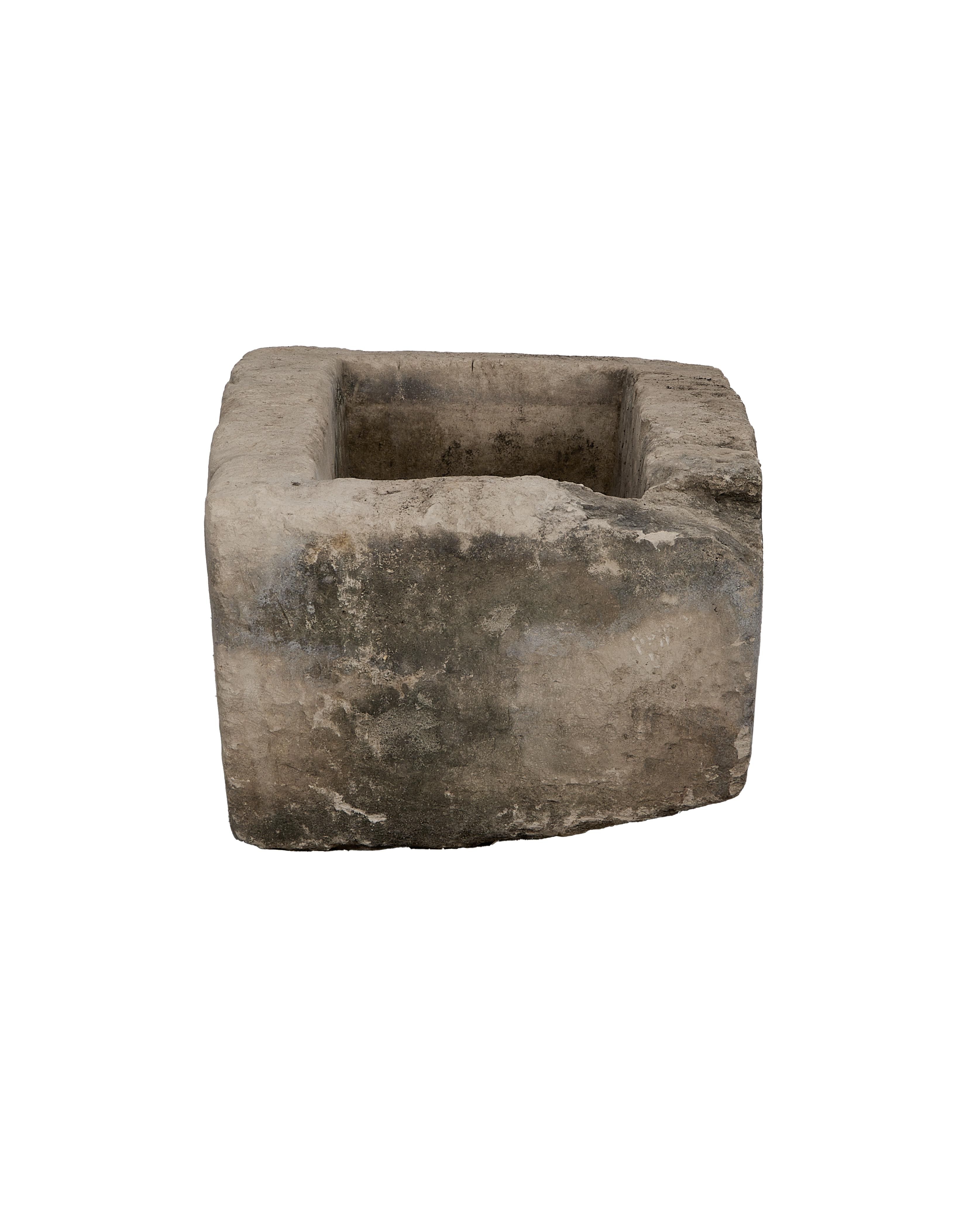 Vintage Indonesian rectangular limestone trough, detailed internal shot showing deep weathered texture and discoloration.