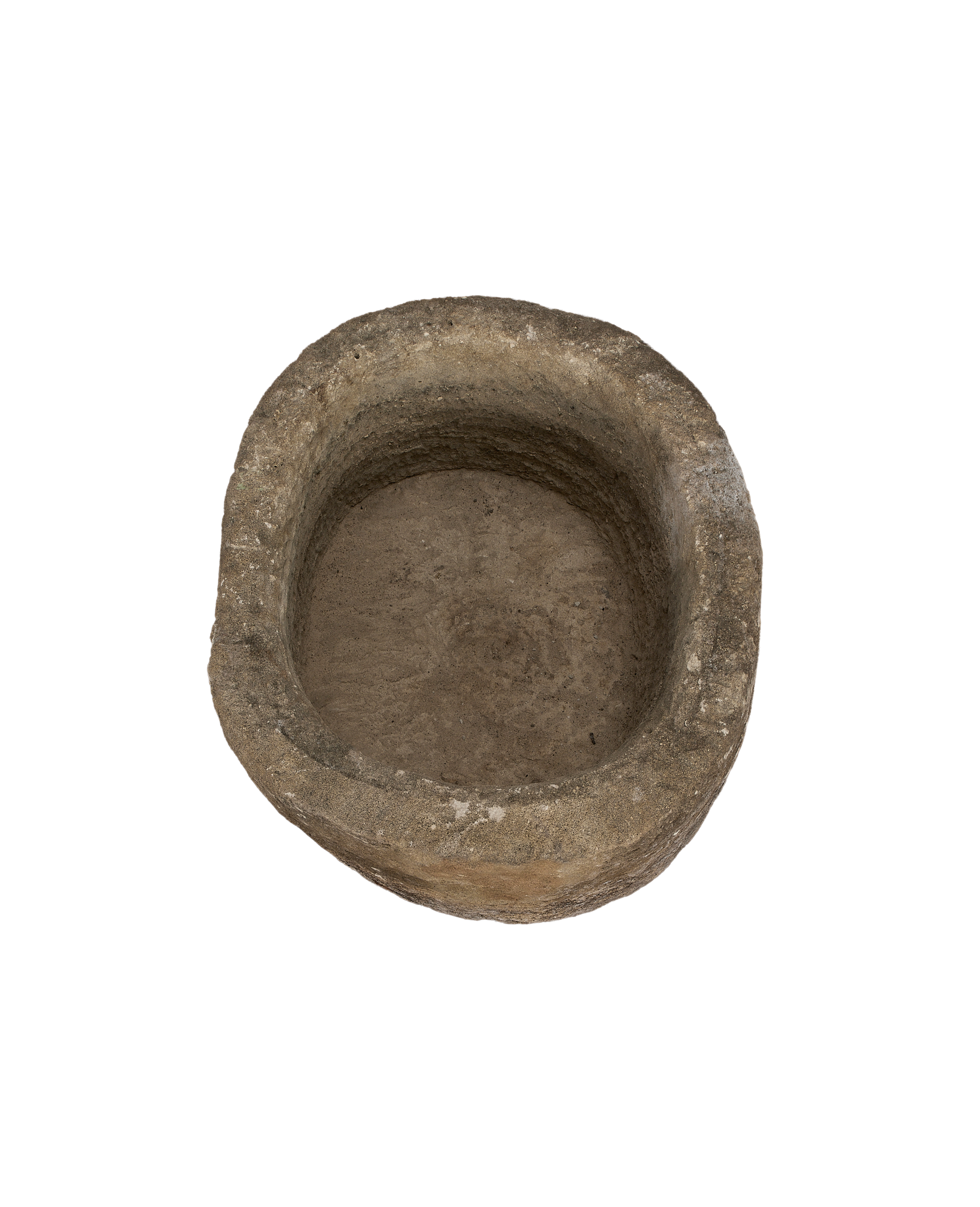 Vintage Indonesian limestone trough, top down view highlighting oblong basin depth and texture.