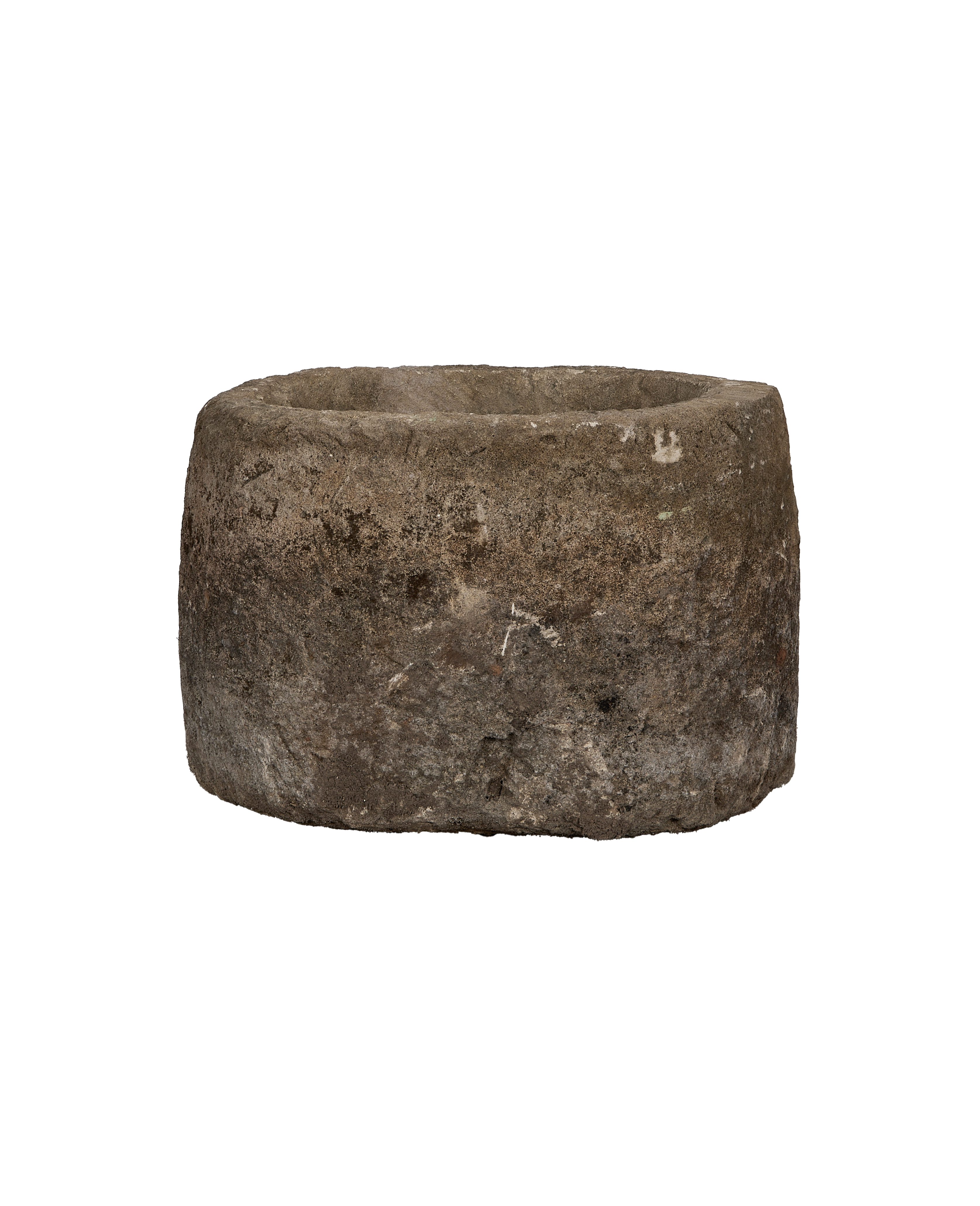 Vintage Indonesian oblong limestone trough, detailed weathered texture and round rim, front view.