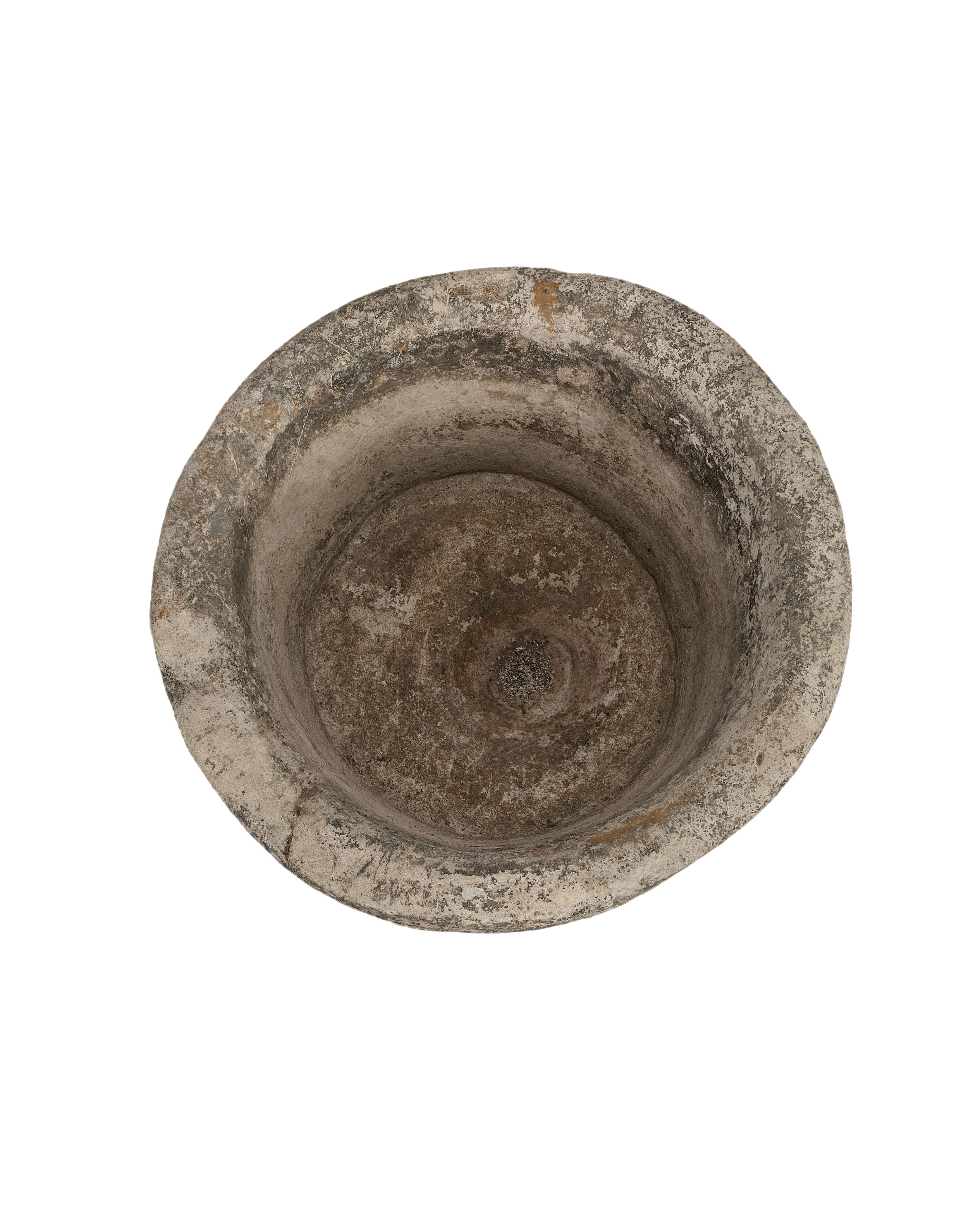 Vintage Indonesian limestone trough viewed from top, showcasing weathered, rough interior texture.