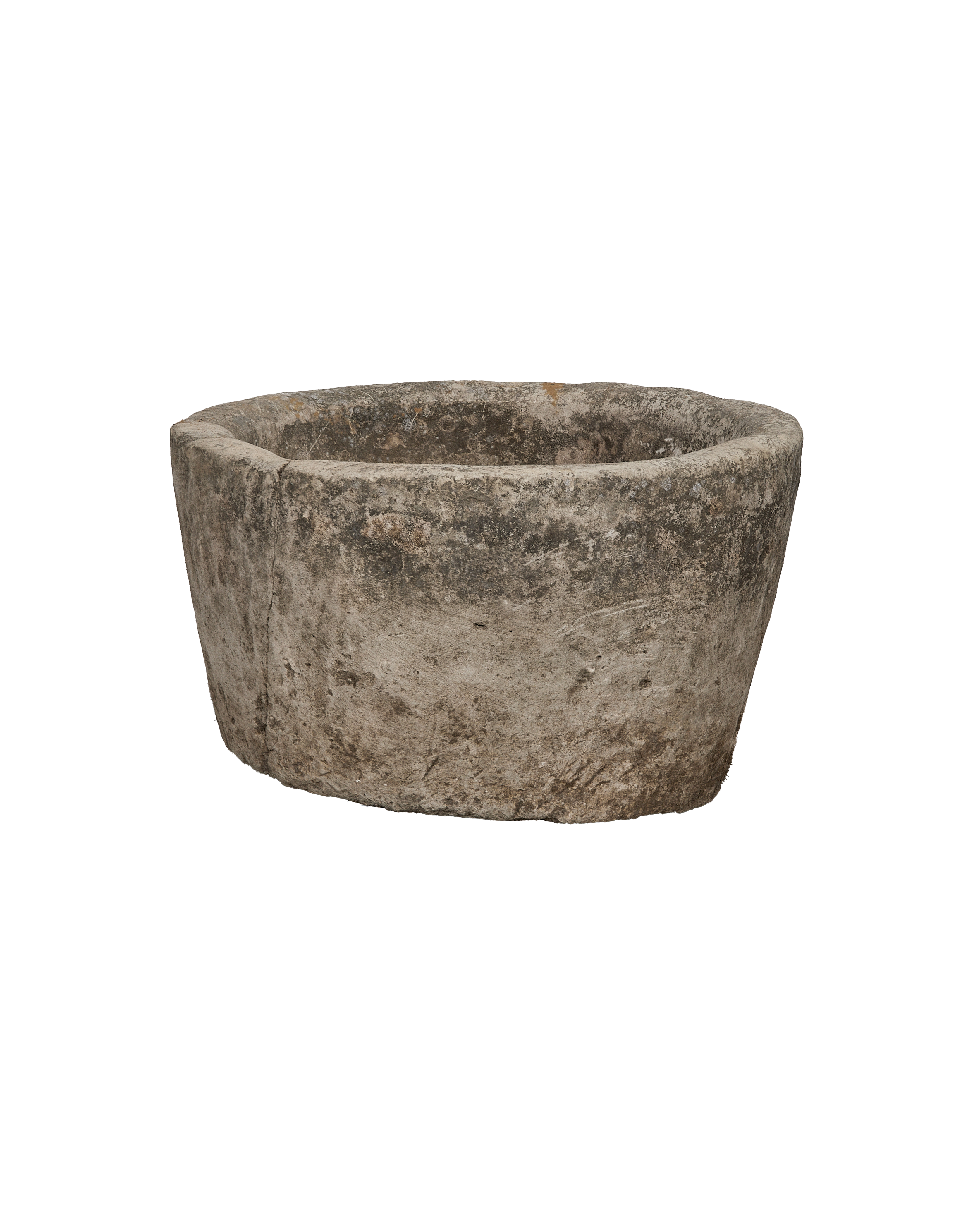 Vintage Indonesian round limestone trough with naturally weathered, textured surface and raw, unpolished finish.