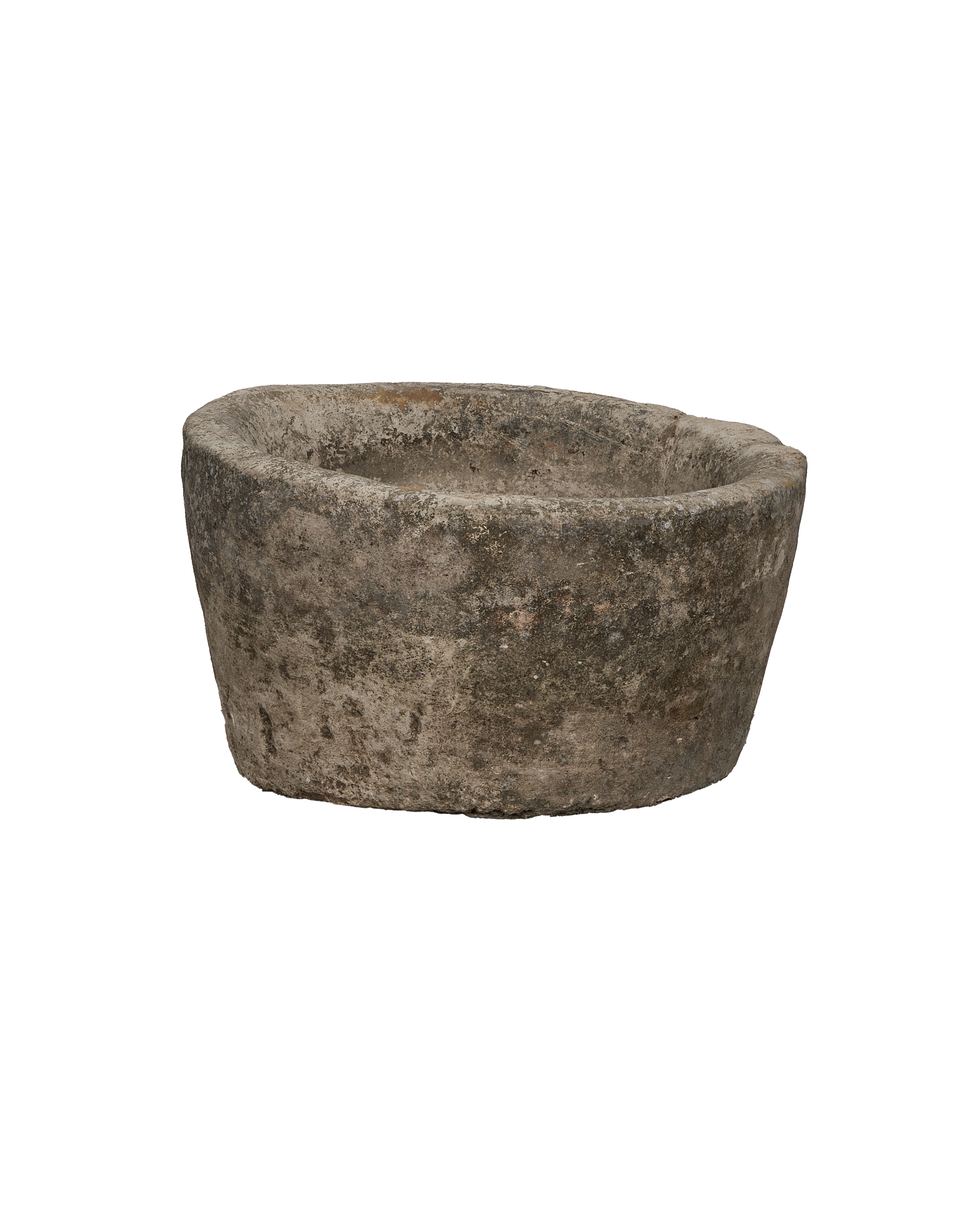 Vintage Indonesian limestone trough, round, showing detailed weathered surface texture.