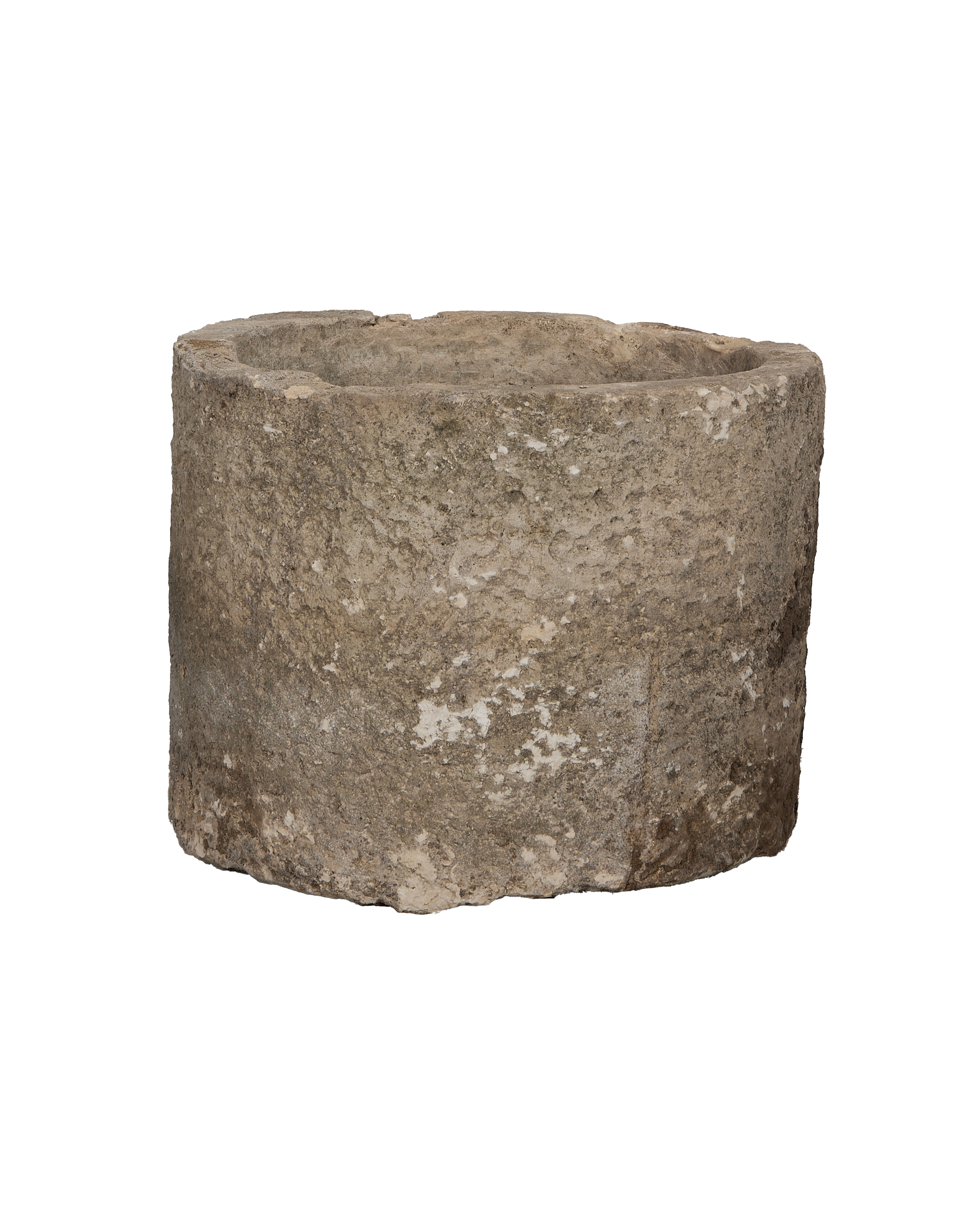 Vintage round gray limestone trough from Indonesia with rugged textured surface.