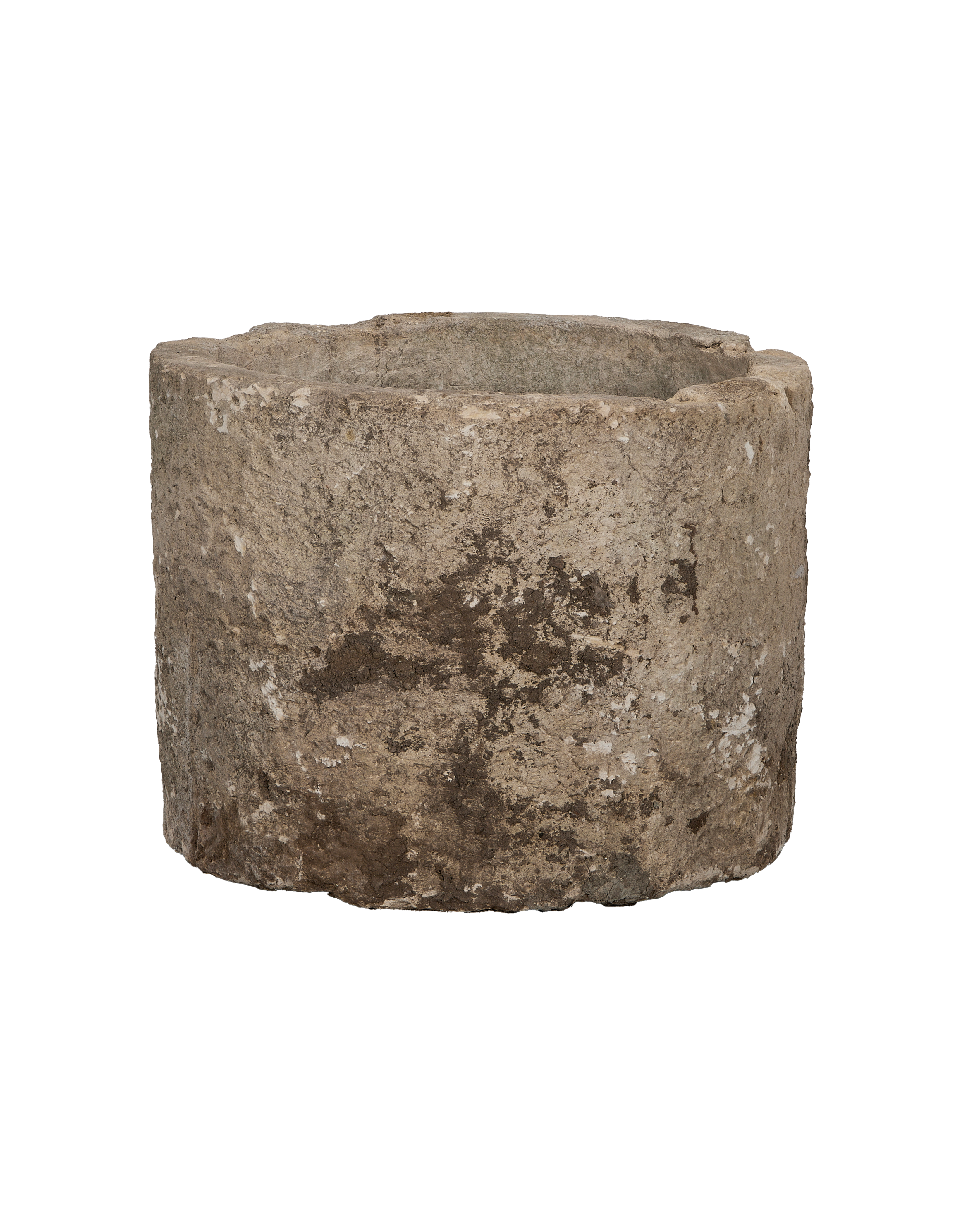 Vintage Indonesian limestone OAK trough, round, showing detailed side texture and wear.