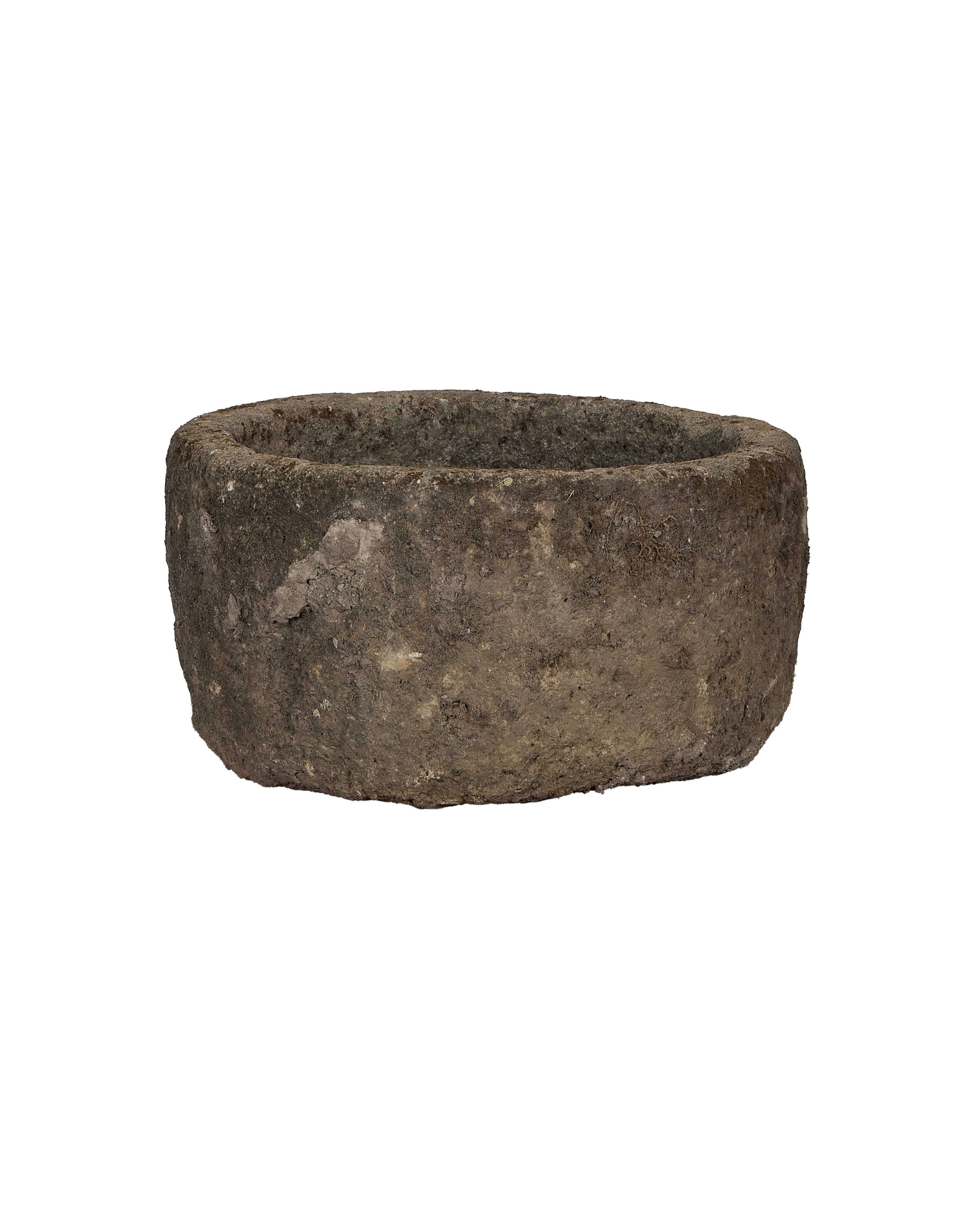 Vintage Indonesian round limestone trough, naturally weathered with visible texture and chips, main view.
