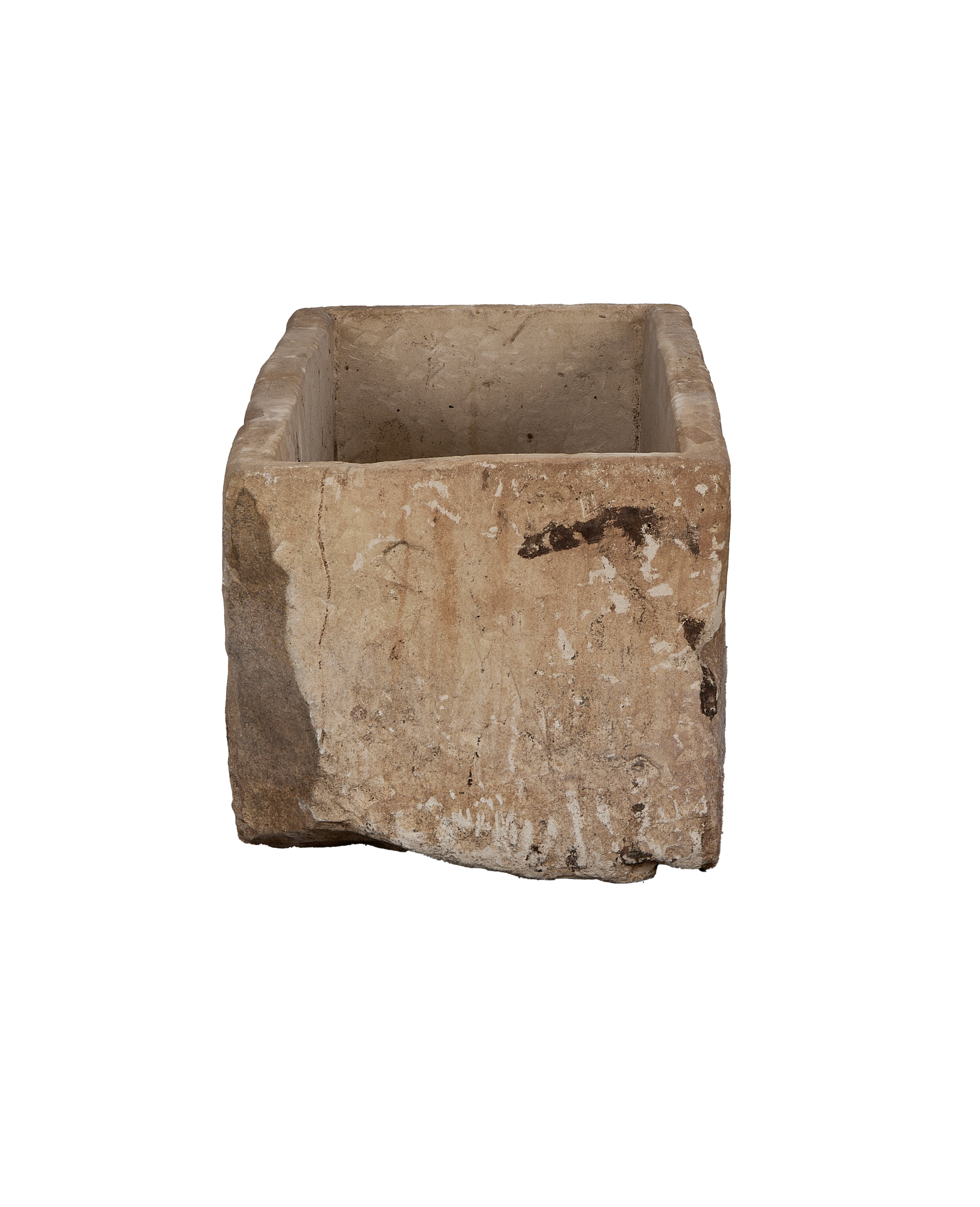 Vintage Indonesian rectangular limestone trough, wide top view showing rough edges and internal texture.