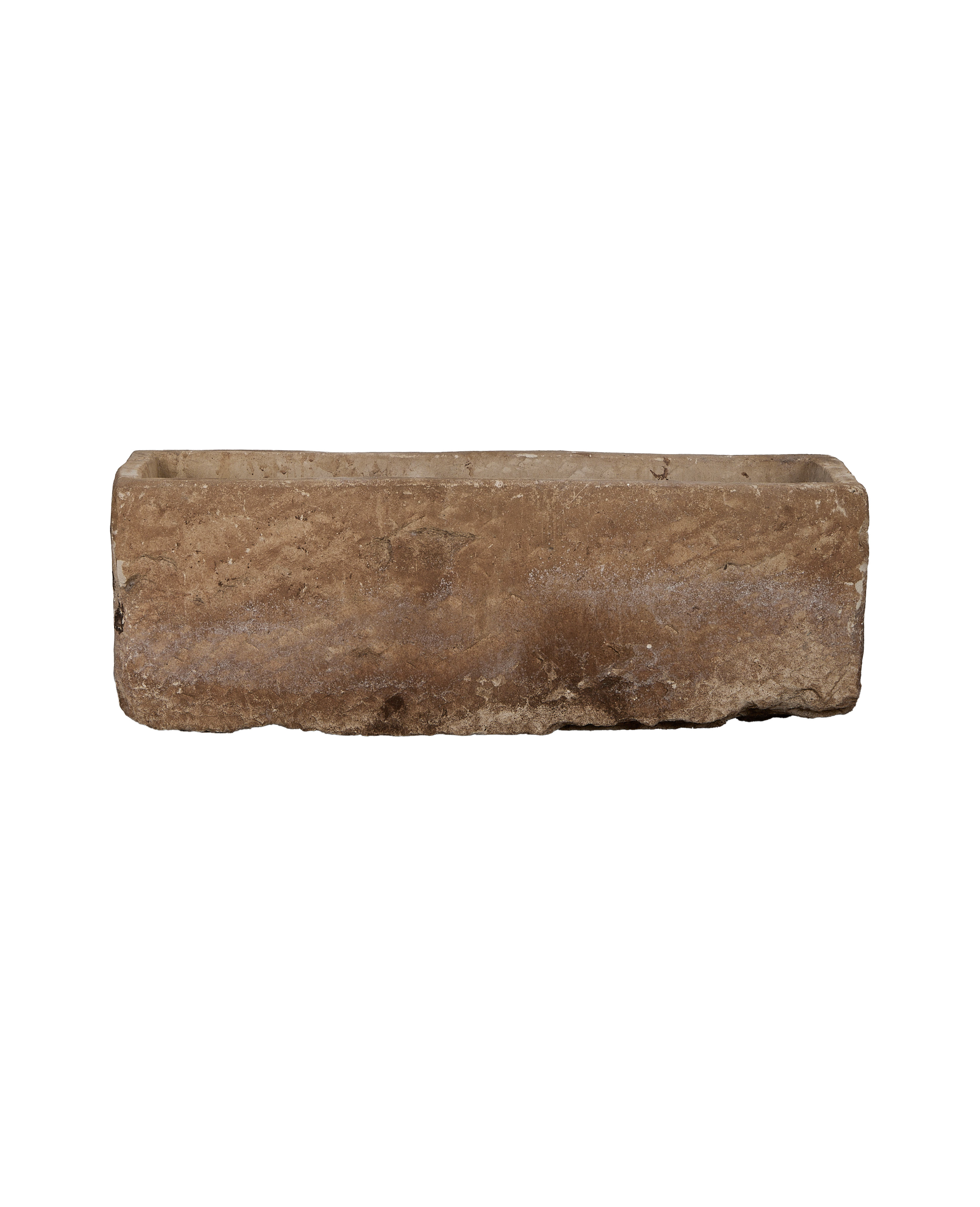Vintage Indonesian rectangular limestone trough, showing mottled earthy brown texture and rough natural edges.