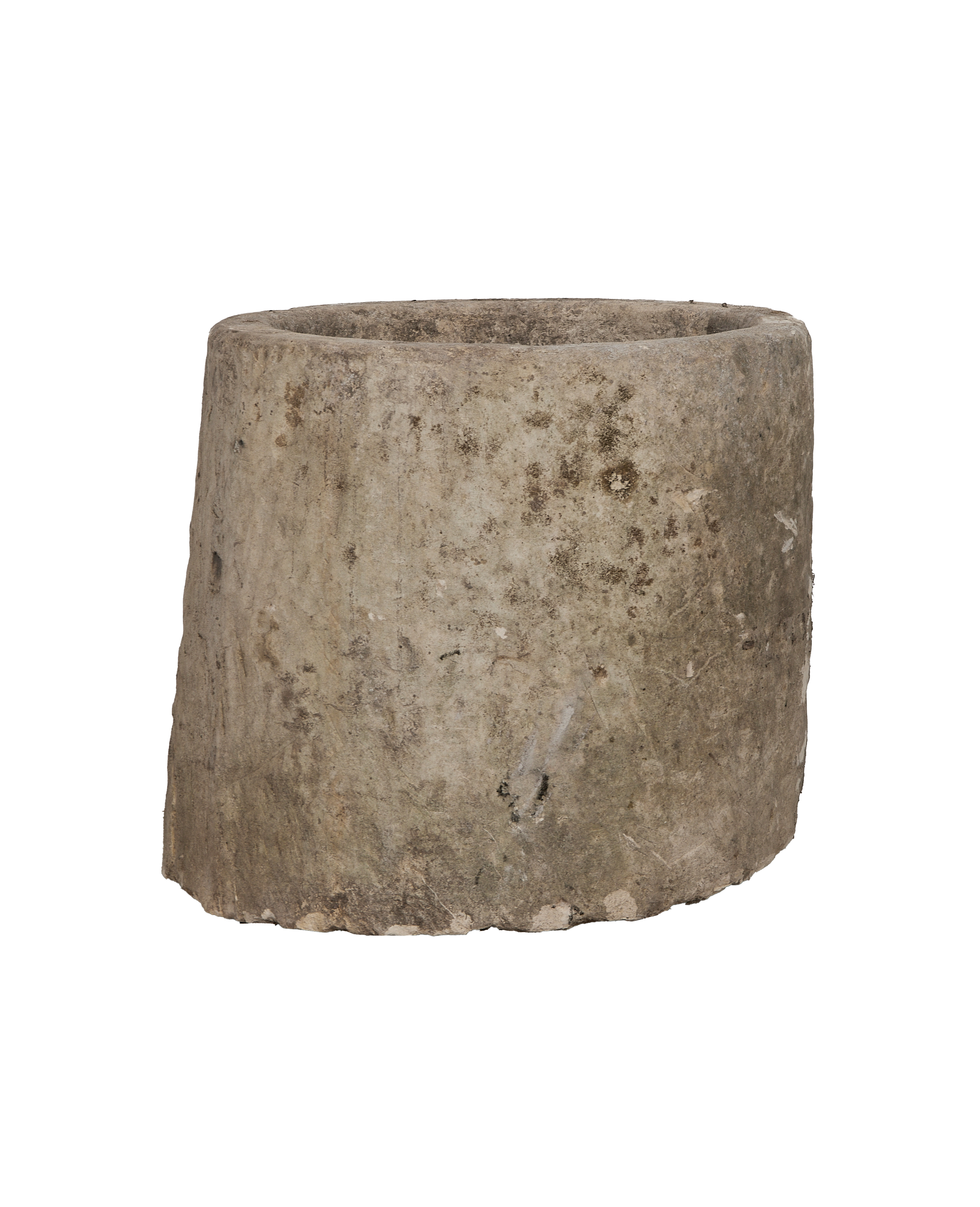Vintage Indonesian limestone trough, round, showing detailed texture and natural imperfections on its rough surface.