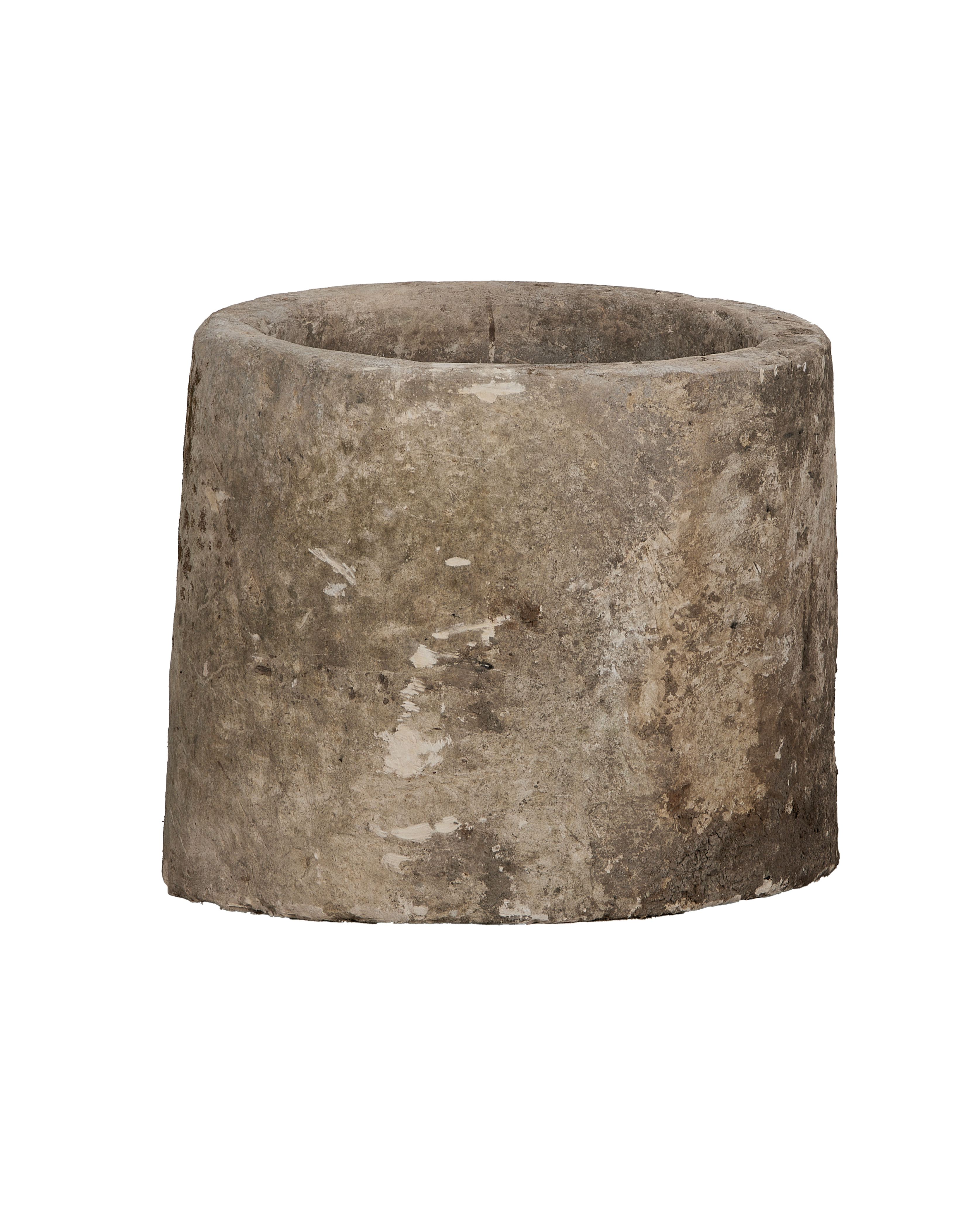 Vintage Indonesian OAK limestone round trough, weathered light gray stone texture.
