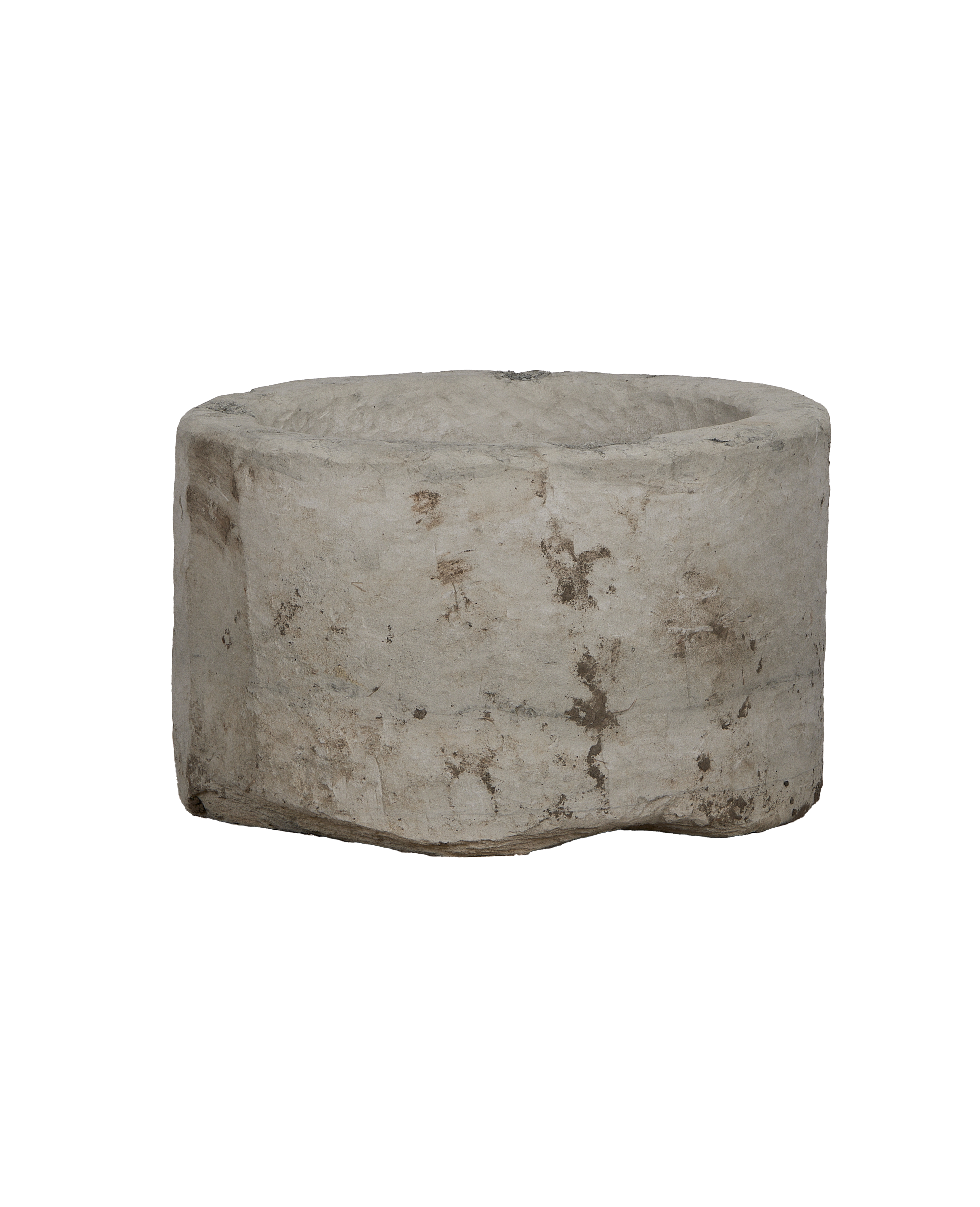 Vintage round limestone garden trough from Indonesia, with weathered light-gray textured surface.