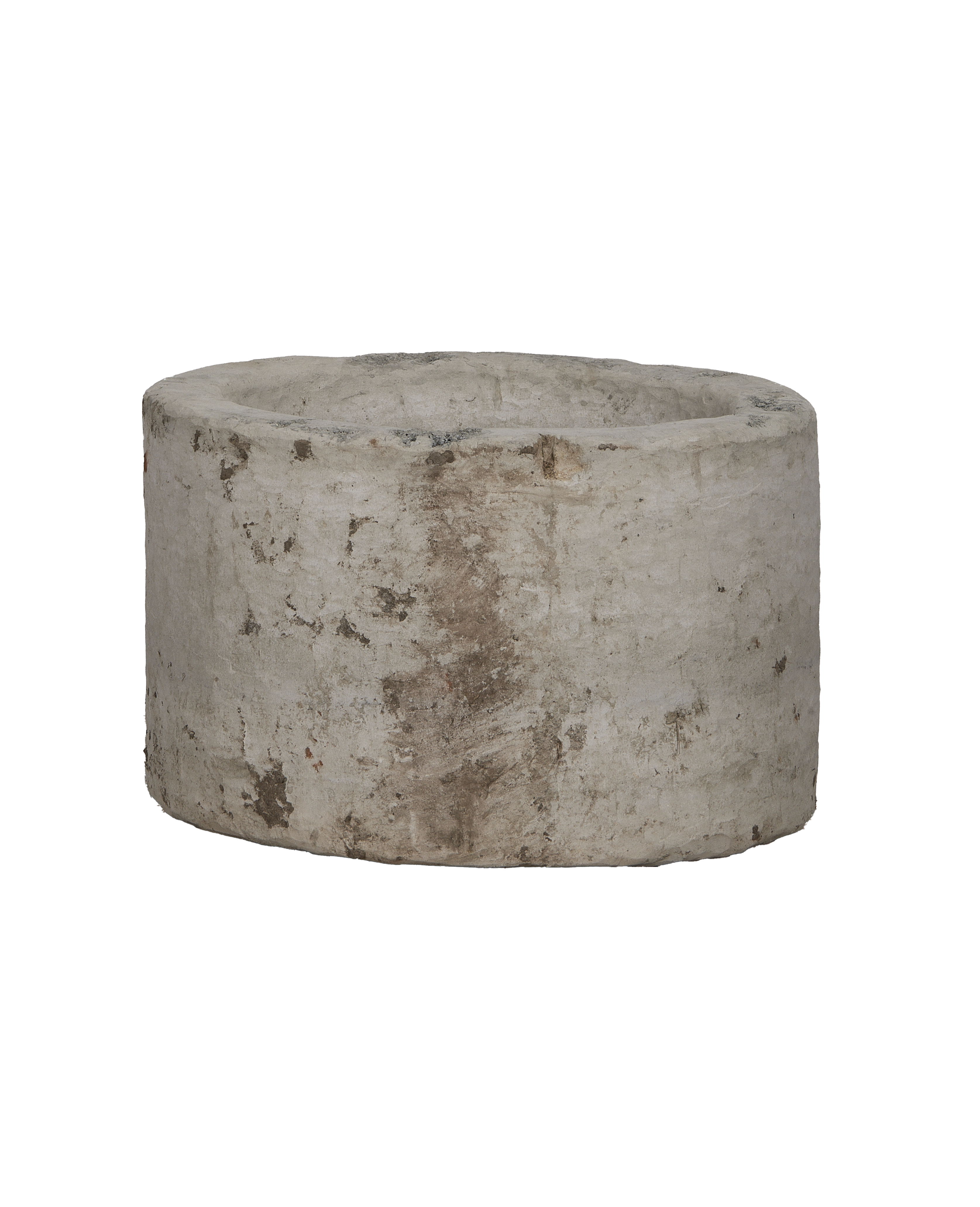 Vintage round Indonesian limestone trough, showing weathered texture and natural imperfections.