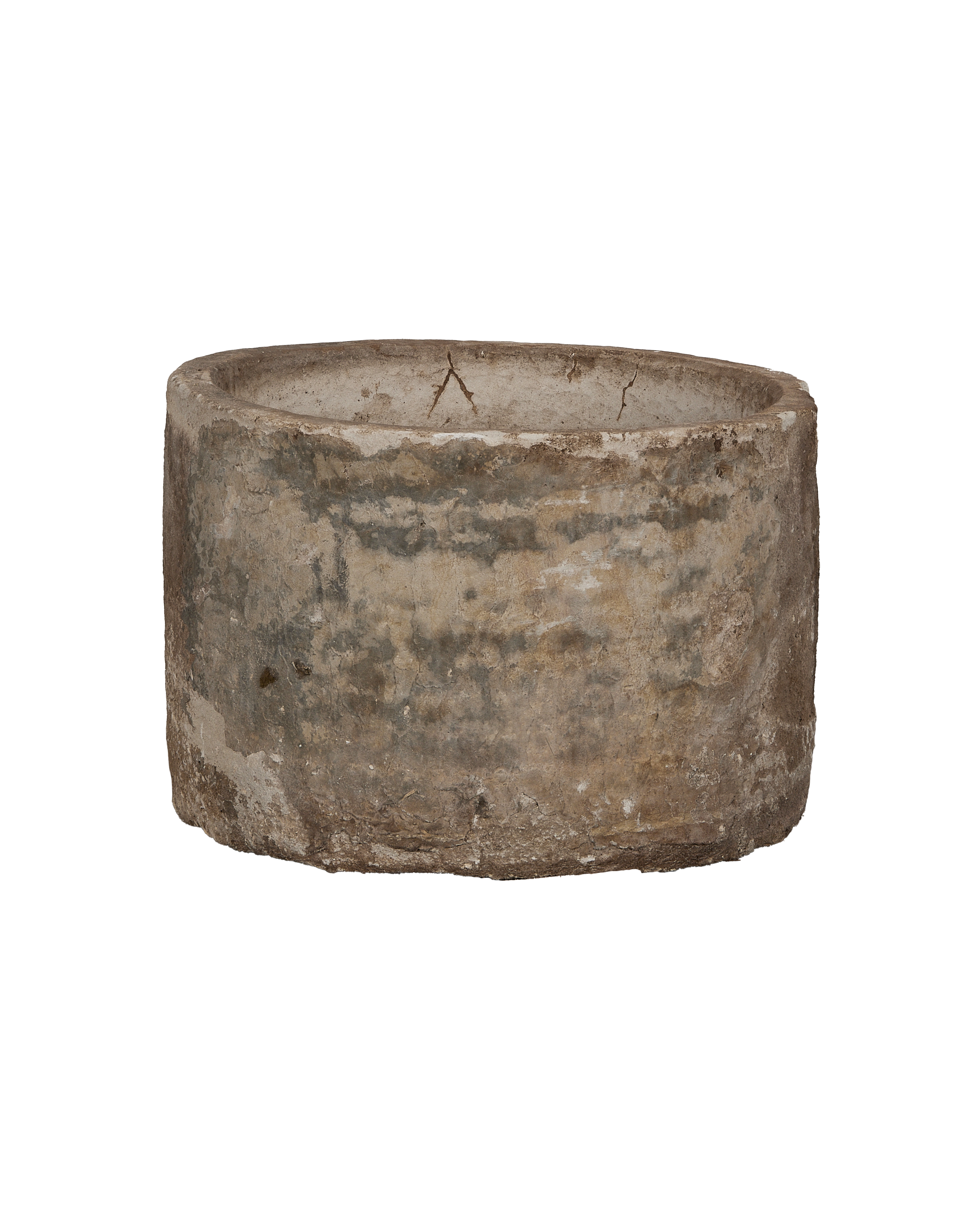 Vintage round limestone trough, Indonesia origin, with rustic weathered surface and unique cracks.