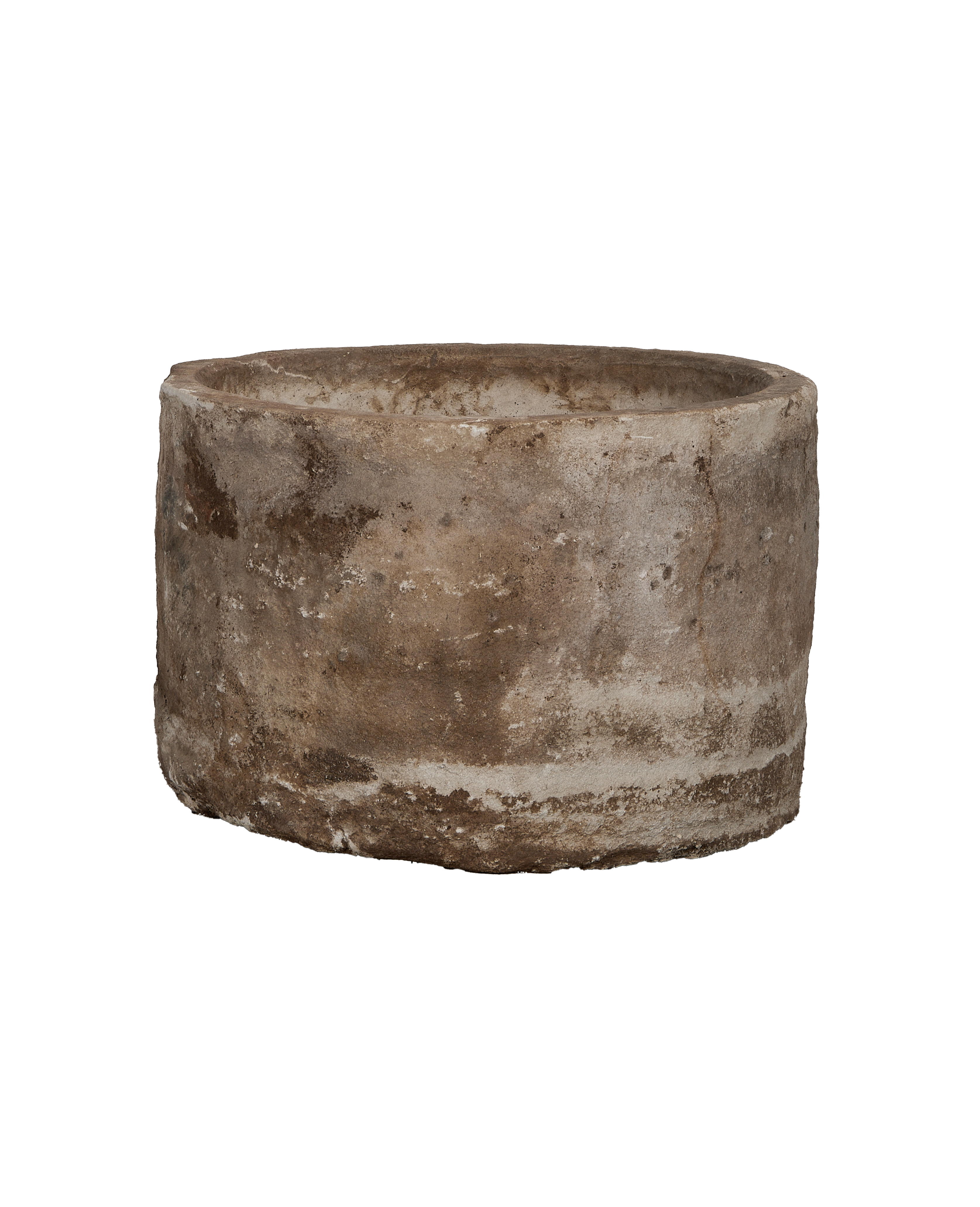 Vintage Indonesian round limestone trough, subtle weathering and texture detail from an elevated side view.