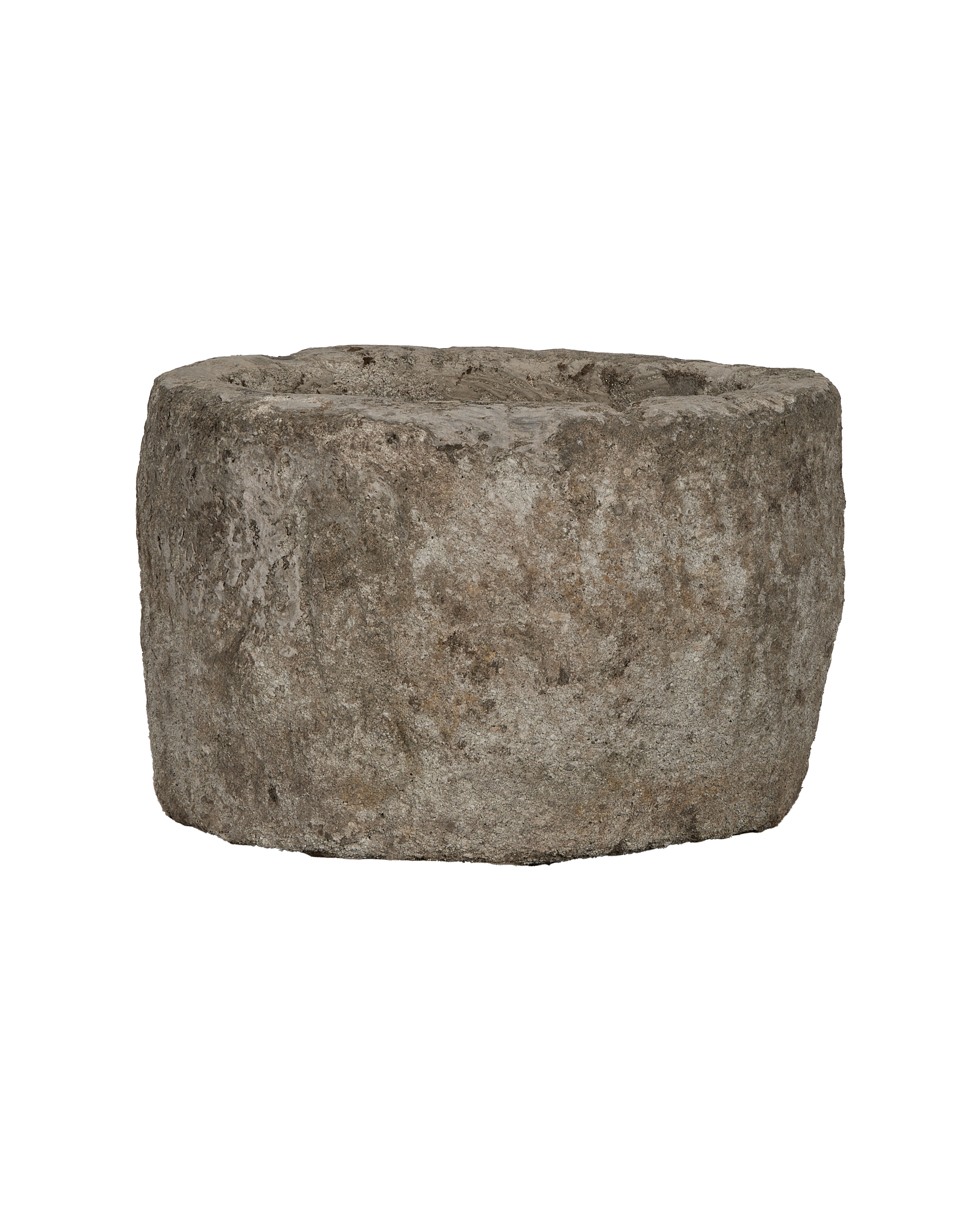 Vintage Indonesian limestone trough, round, showing detailed weathered texture and aged patina.