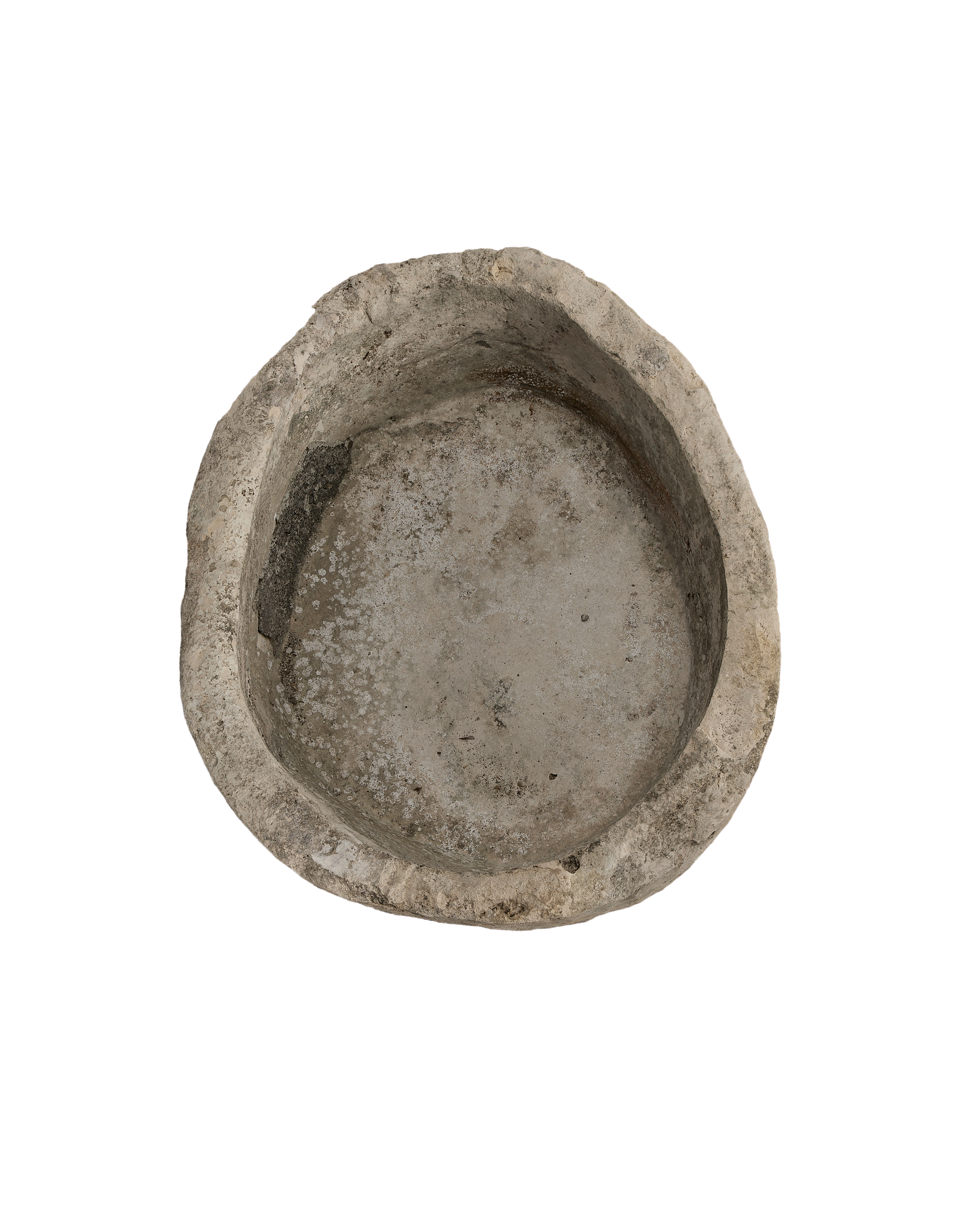 Vintage Indonesian limestone trough bird's-eye view, showing the heavily patinated oblong interior.