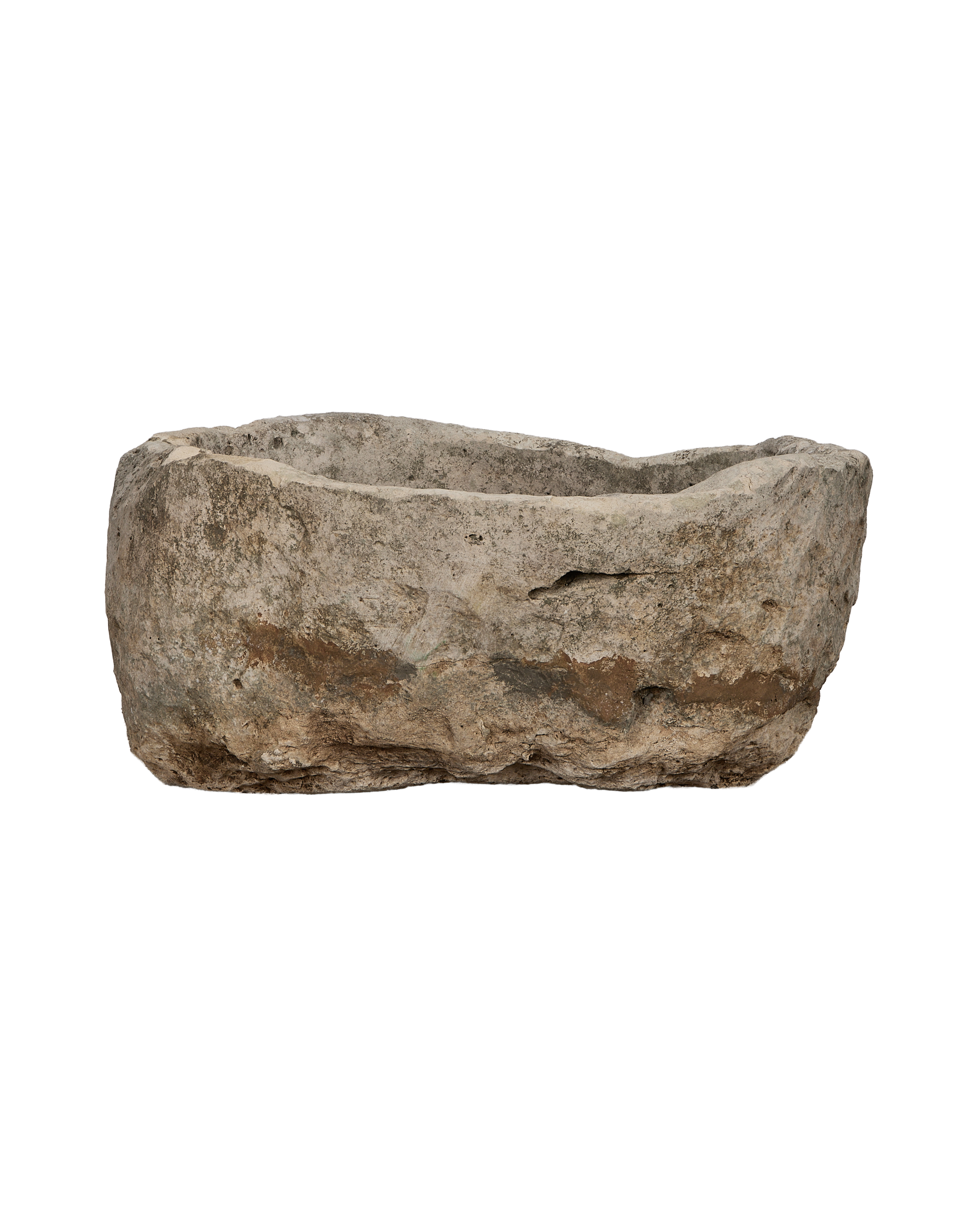 Vintage Indonesian oblong limestone trough, front-facing view showcasing rough, textured surface and aged patination.