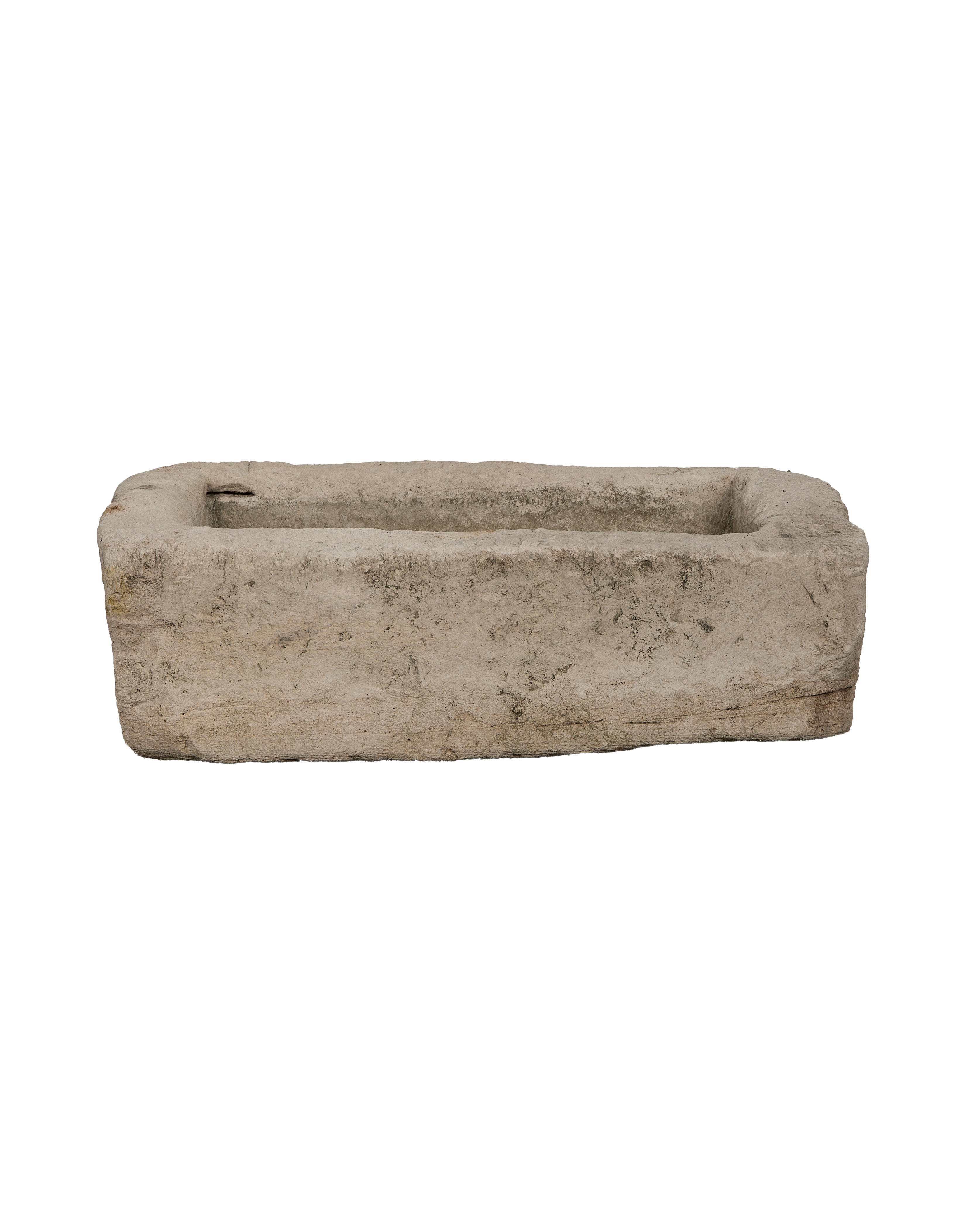Vintage rectangular limestone trough, weathered gray, from Indonesia, with an authentic old world feel.
