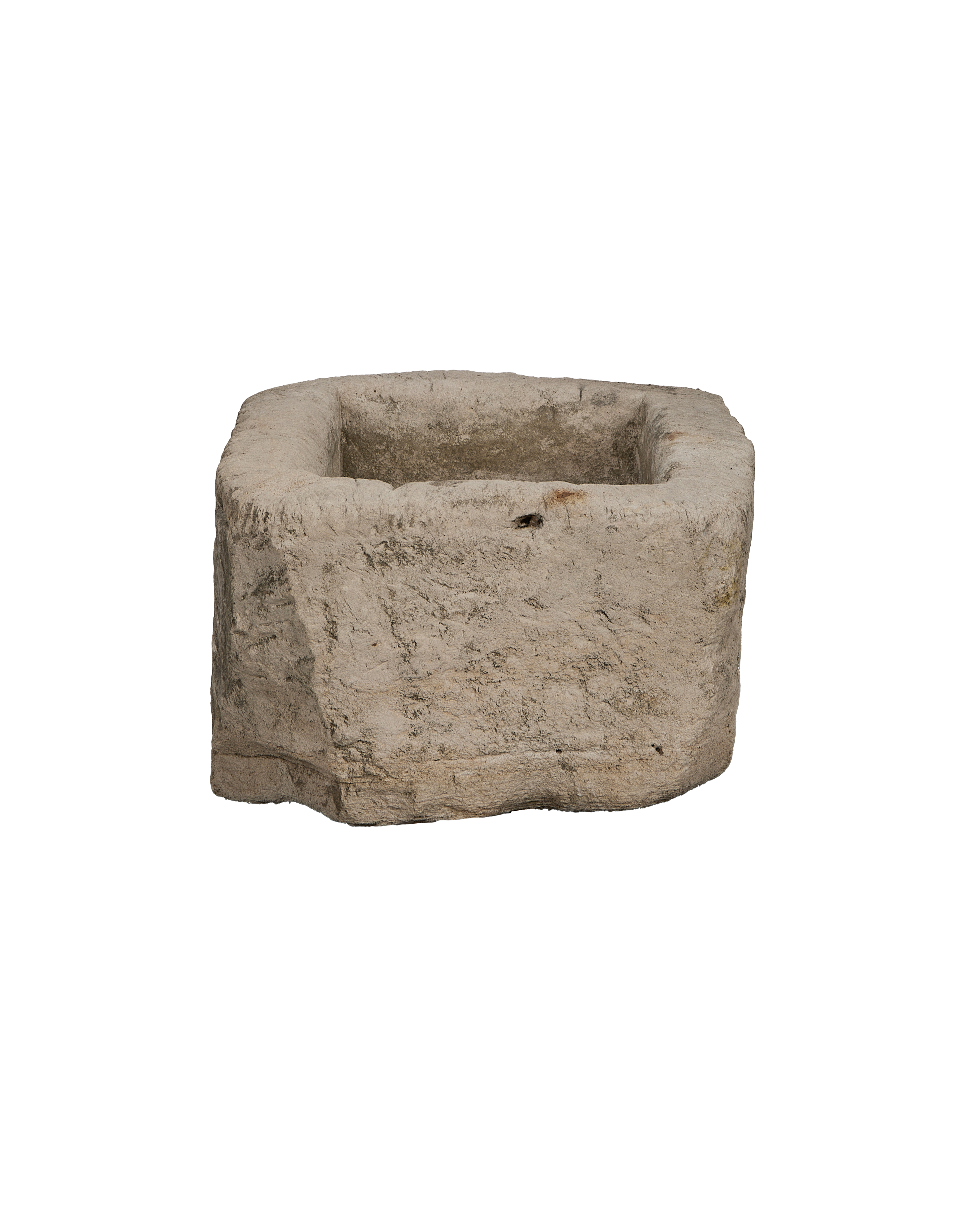 Vintage rough-hewn rectangular limestone trough from Indonesia, showcasing interior texture detail.