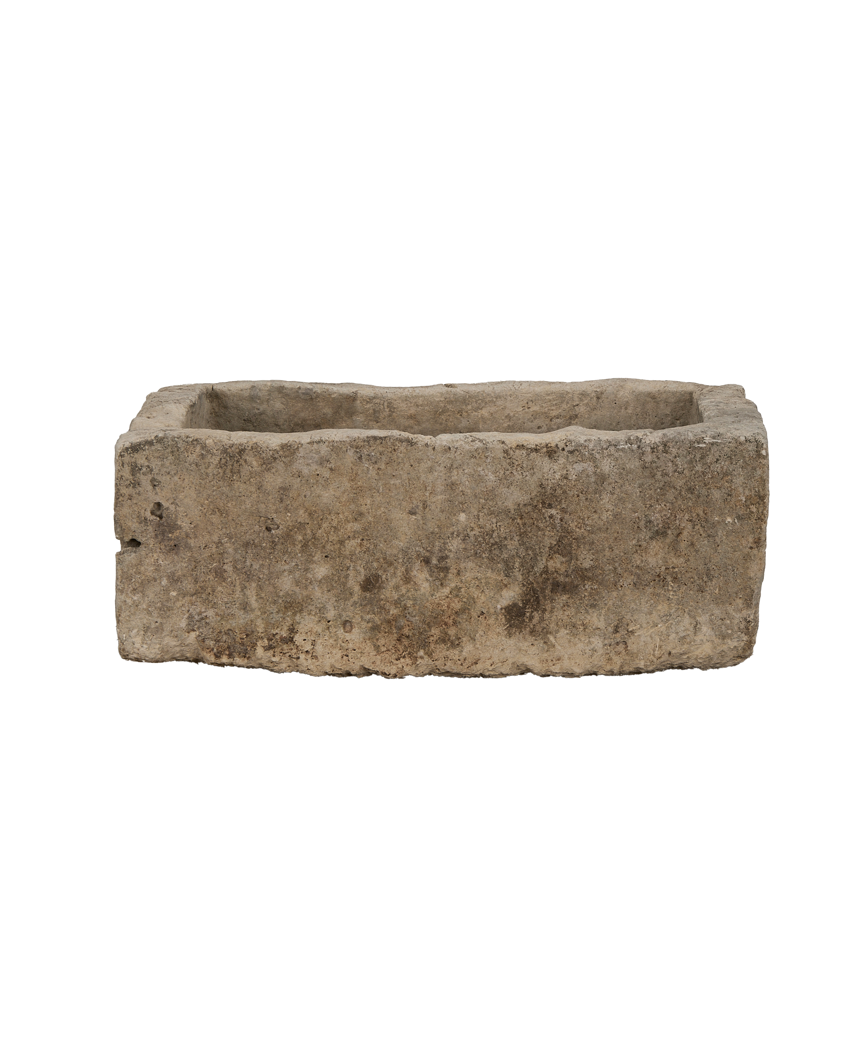 Vintage rectangular Indonesian limestone trough with weathered natural surface and rugged edges.