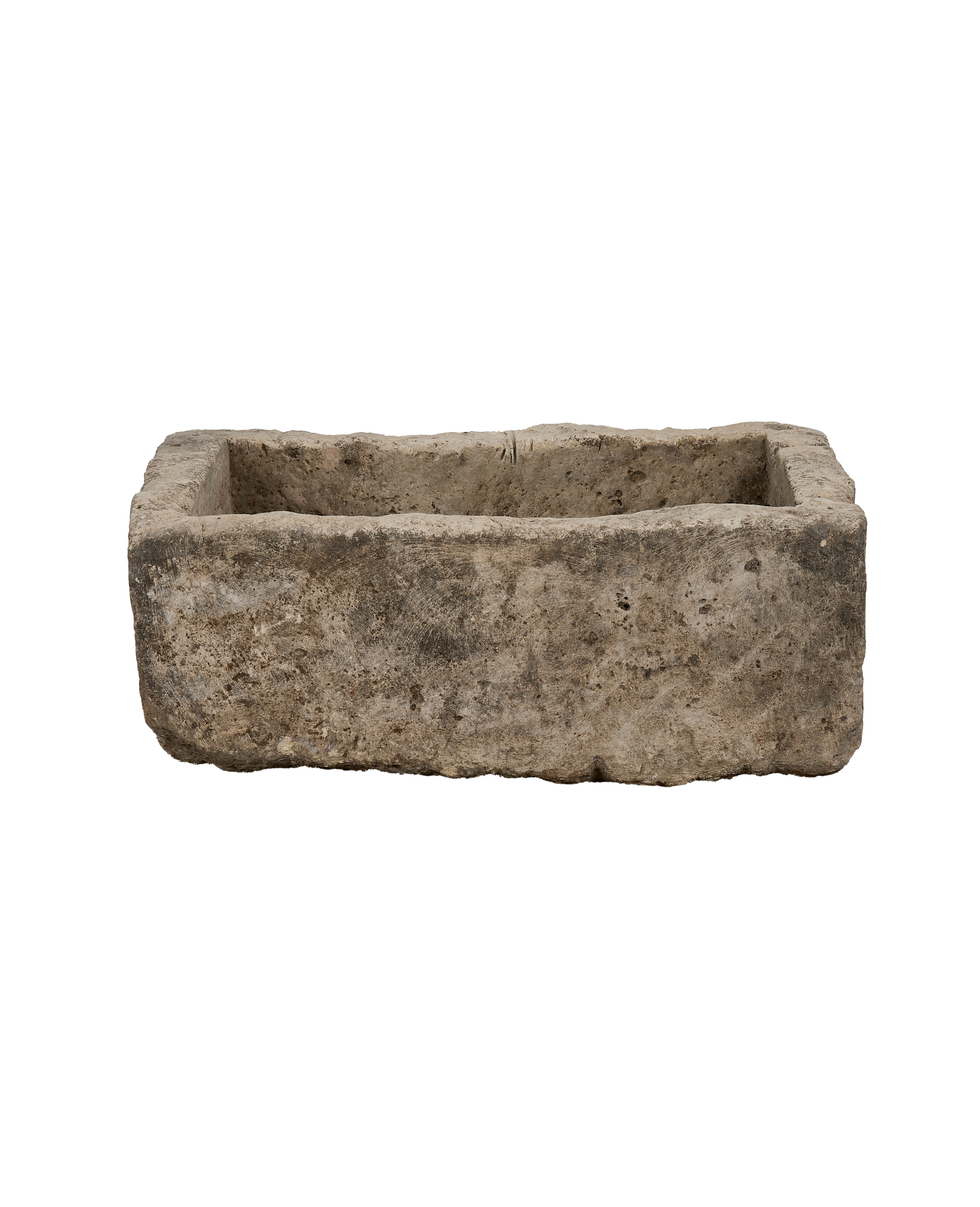 Vintage Indonesian limestone trough, rectangular shape, showcasing textured original aged surface details.