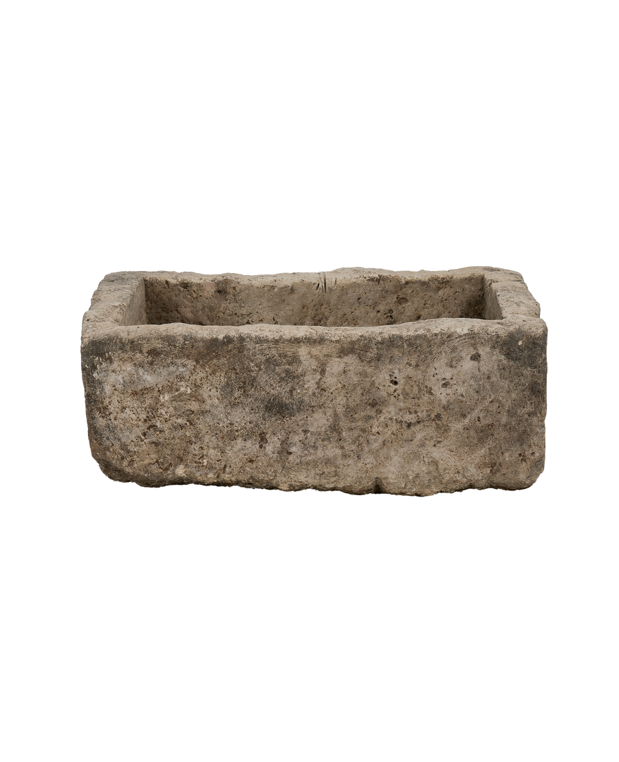 Vintage Indonesian limestone trough, rectangular shape, showcasing textured original aged surface details.