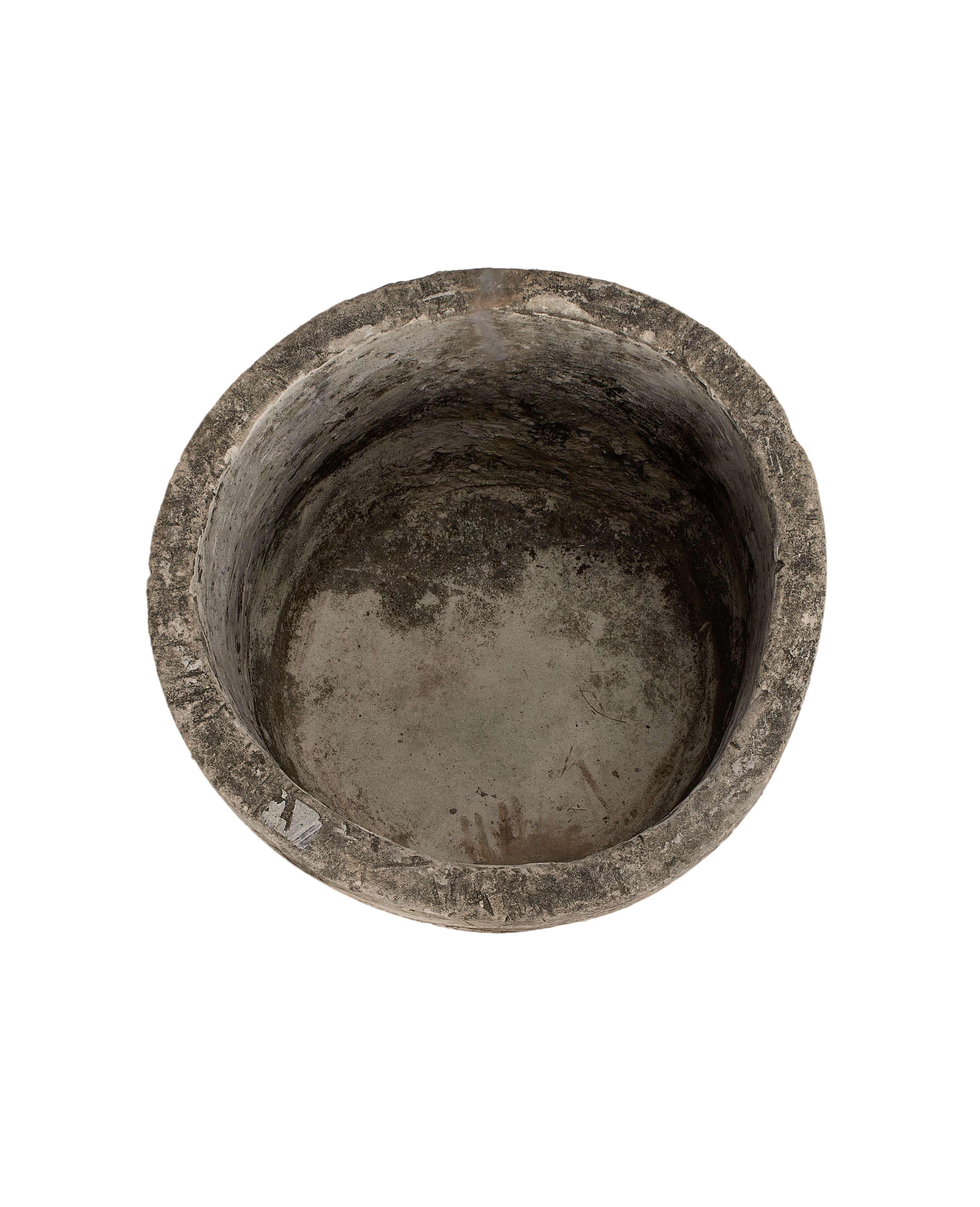 Vintage Indonesian OAK limestone trough, round, showing worn interior texture and patina.