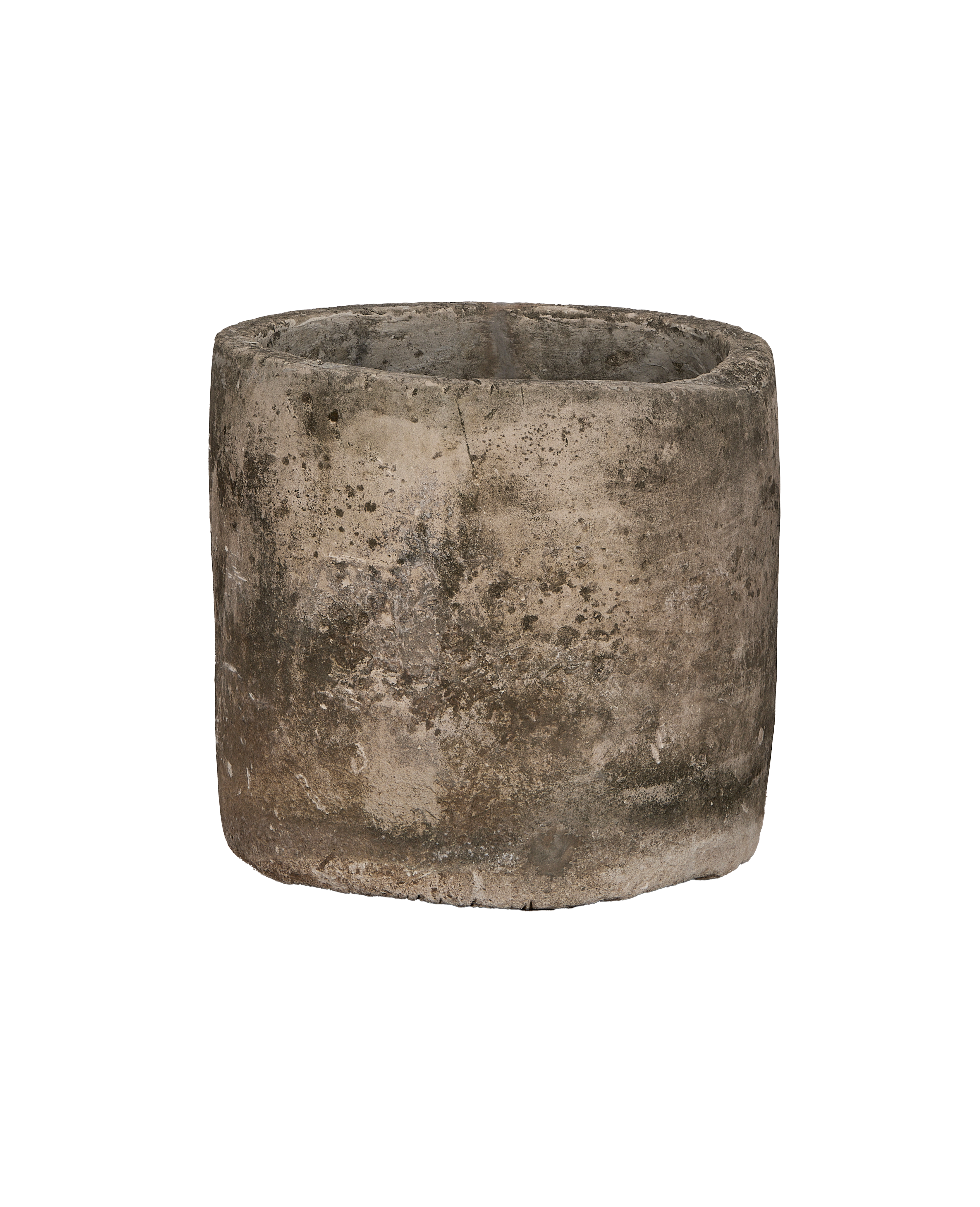 Vintage round Indonesian limestone trough, grey with weathered patina and textured surface.