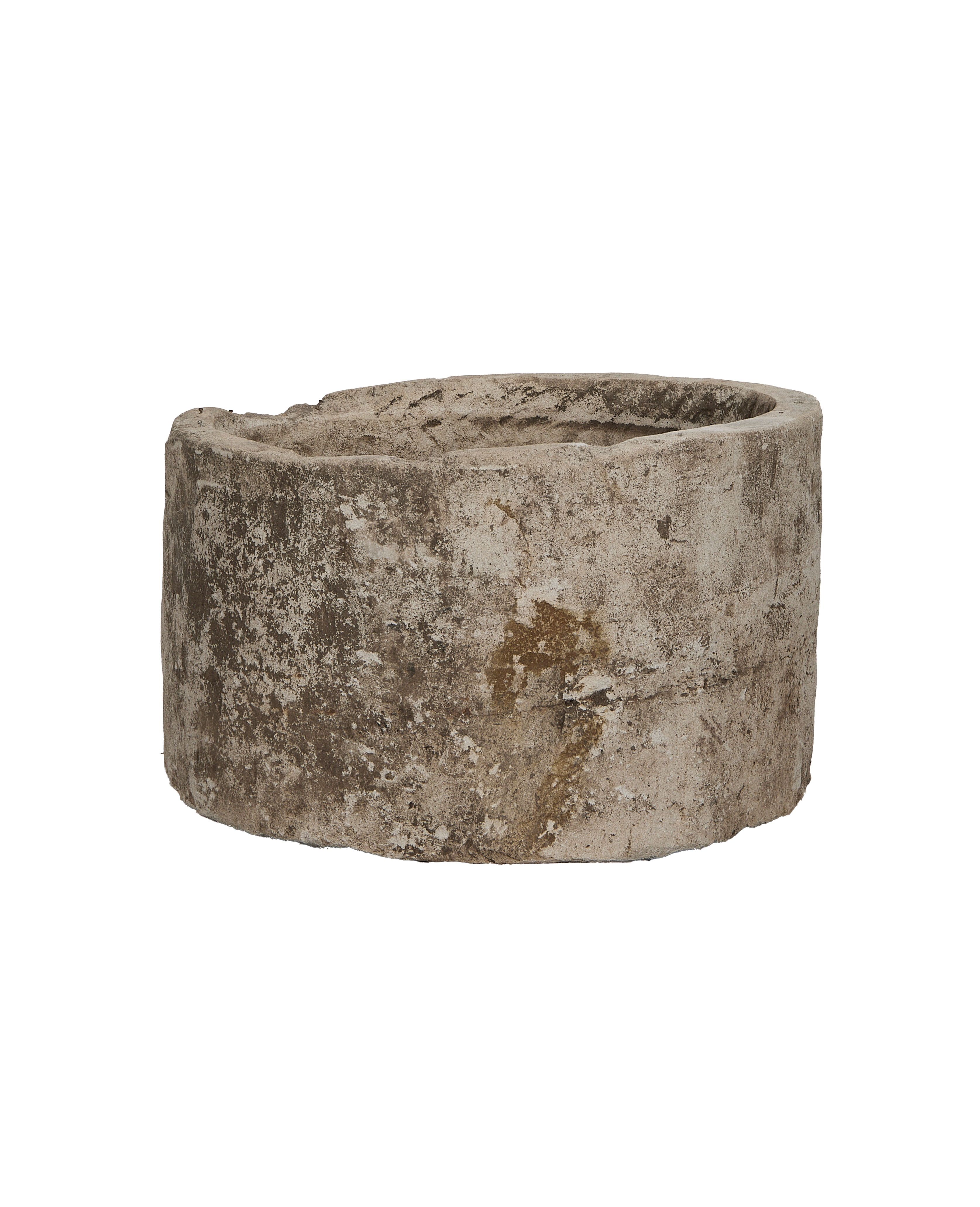 Vintage round limestone trough, outer wall texture, Indonesia origin, weathered finish.