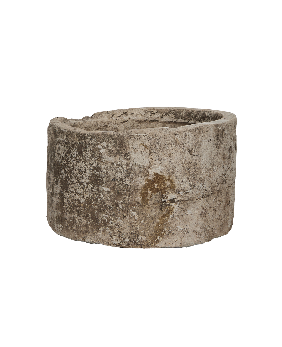 Vintage round limestone trough, outer wall texture, Indonesia origin, weathered finish.
