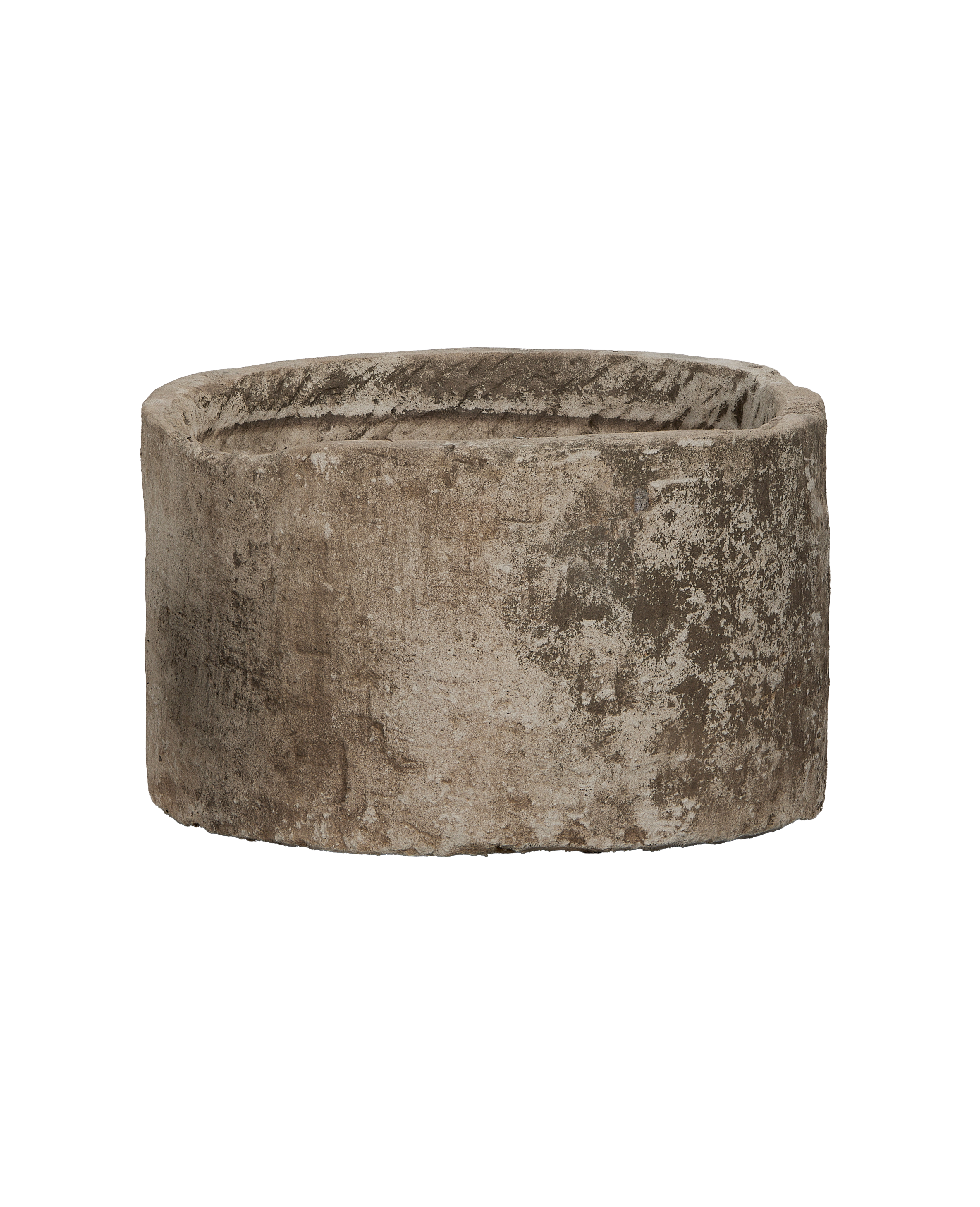 Vintage round limestone trough, Indonesian, with weathered, textured surface.