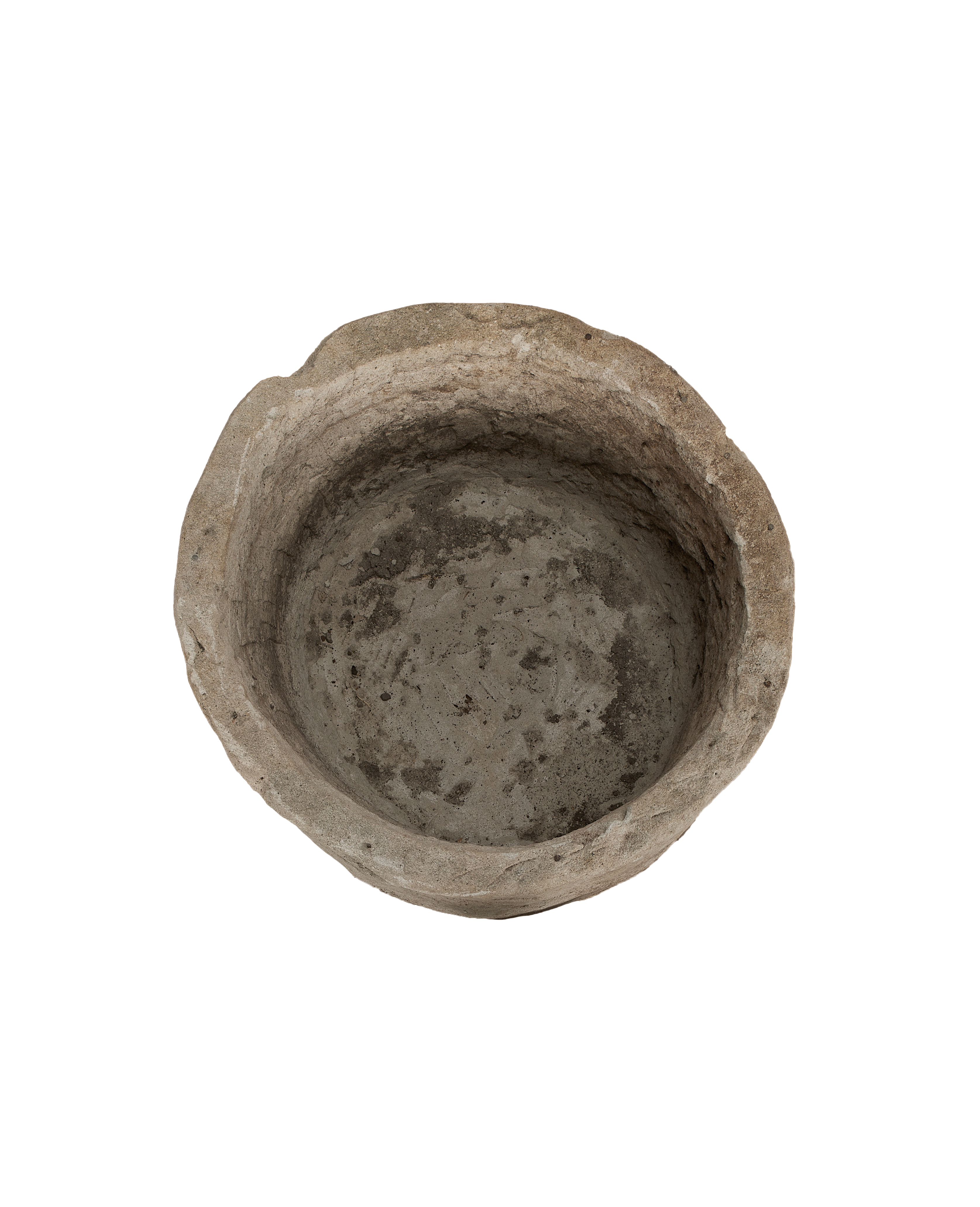 Vintage Indonesian limestone trough, top-down view showing weathered, pitted interior texture.